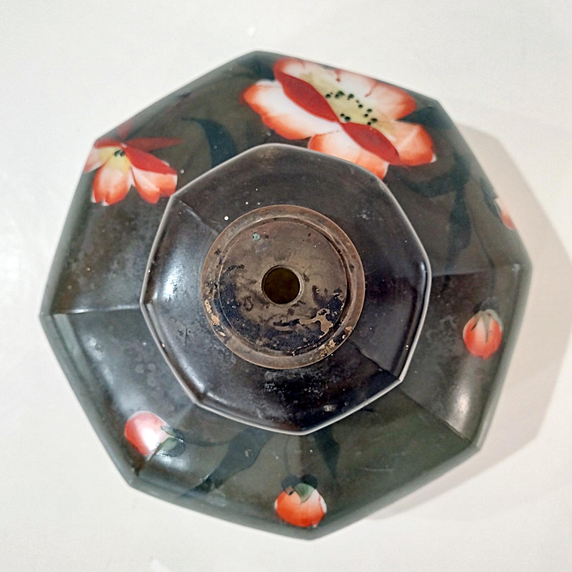 Vintage Green and Pink Floral Hand Painted Milk Glass Oil Lamp Base