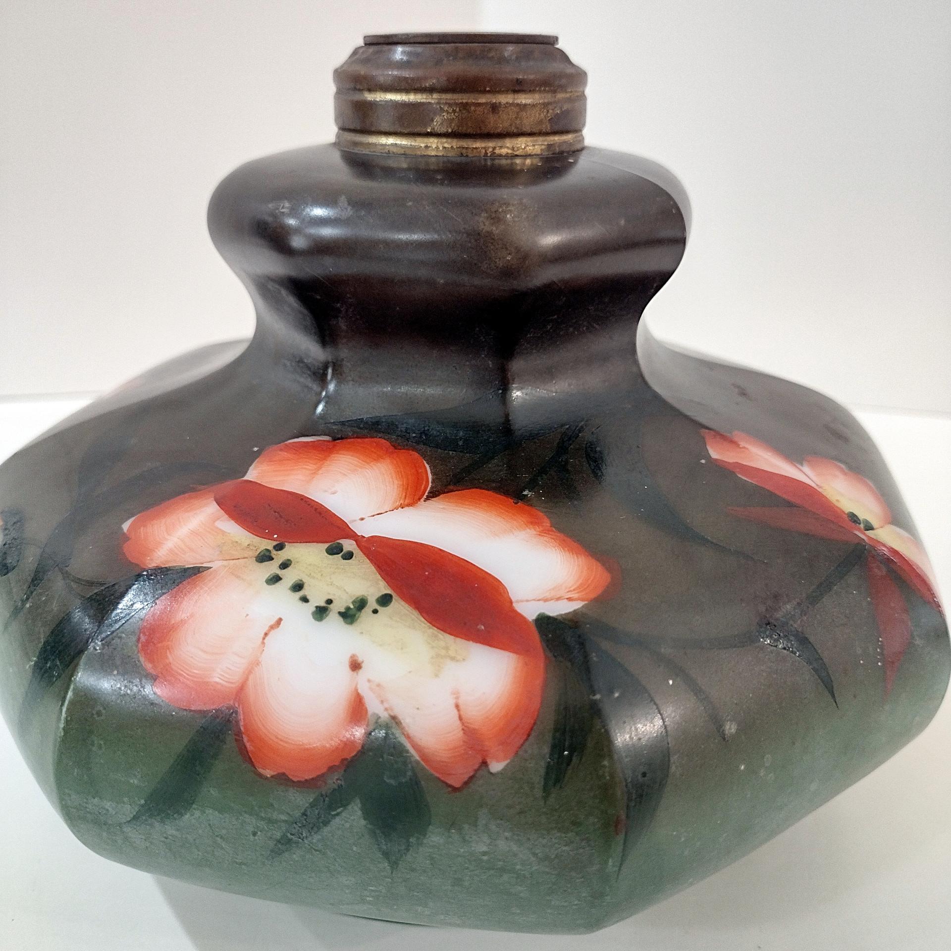 Vintage Green and Pink Floral Hand Painted Milk Glass Oil Lamp Base