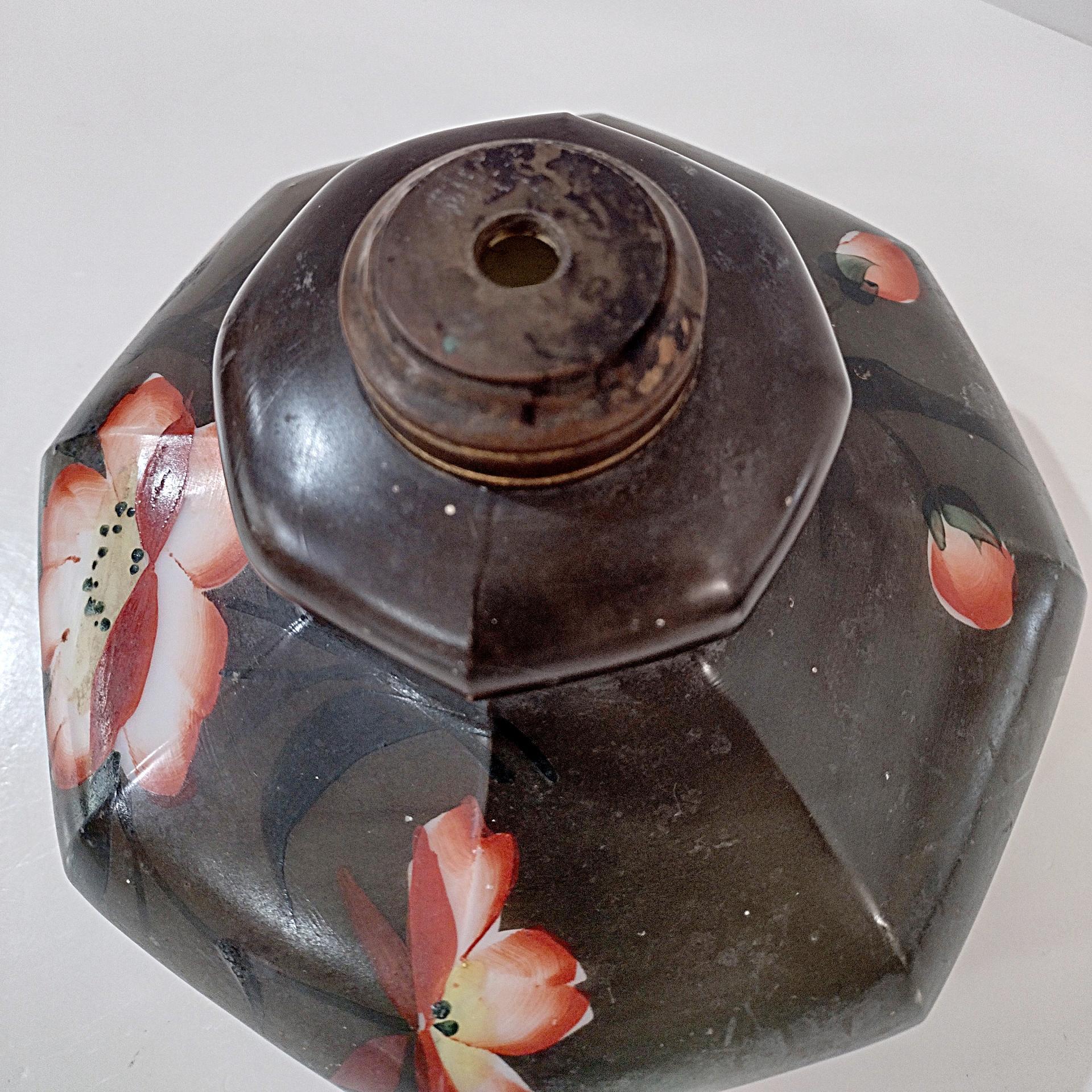 Vintage Green and Pink Floral Hand Painted Milk Glass Oil Lamp Base