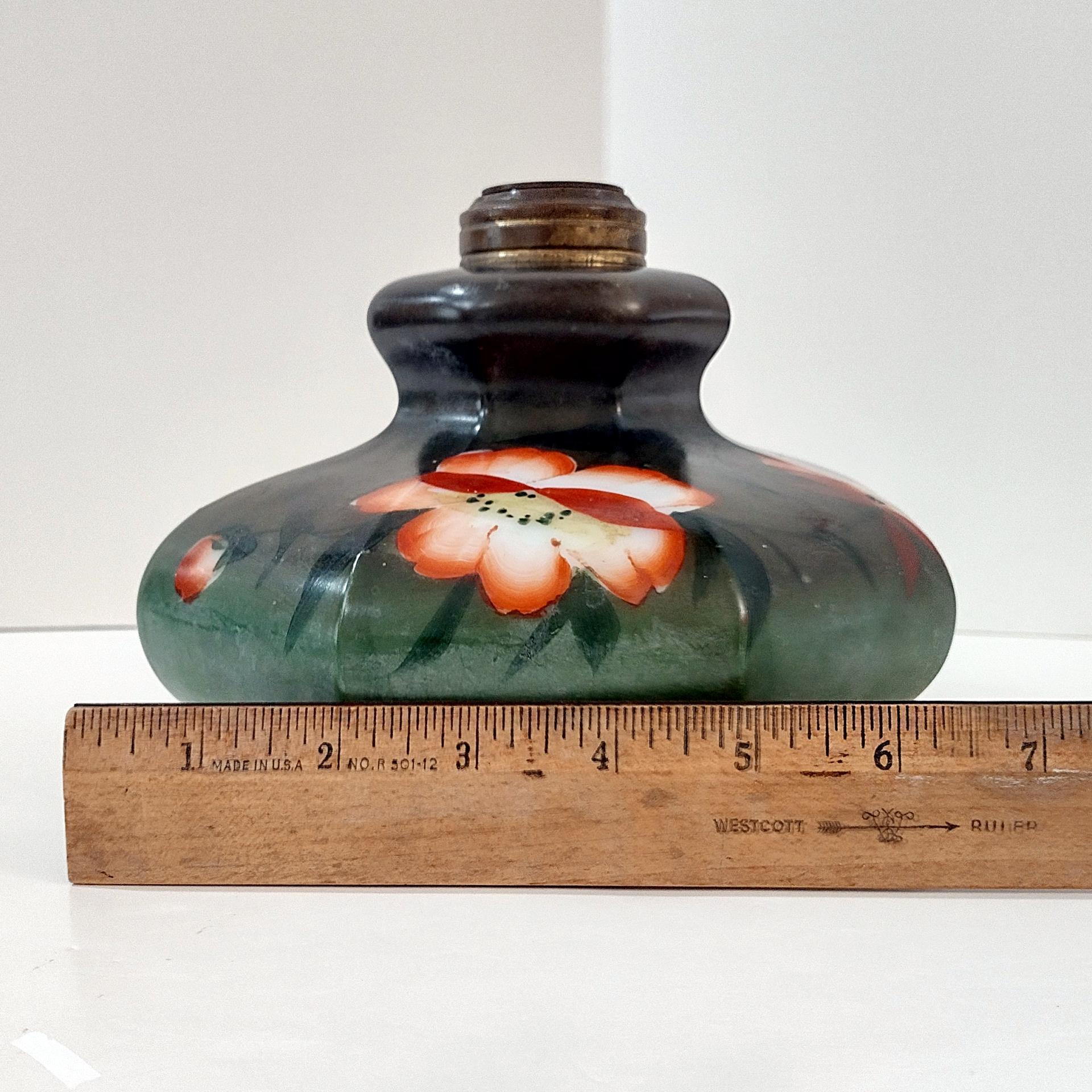 Vintage Green and Pink Floral Hand Painted Milk Glass Oil Lamp Base