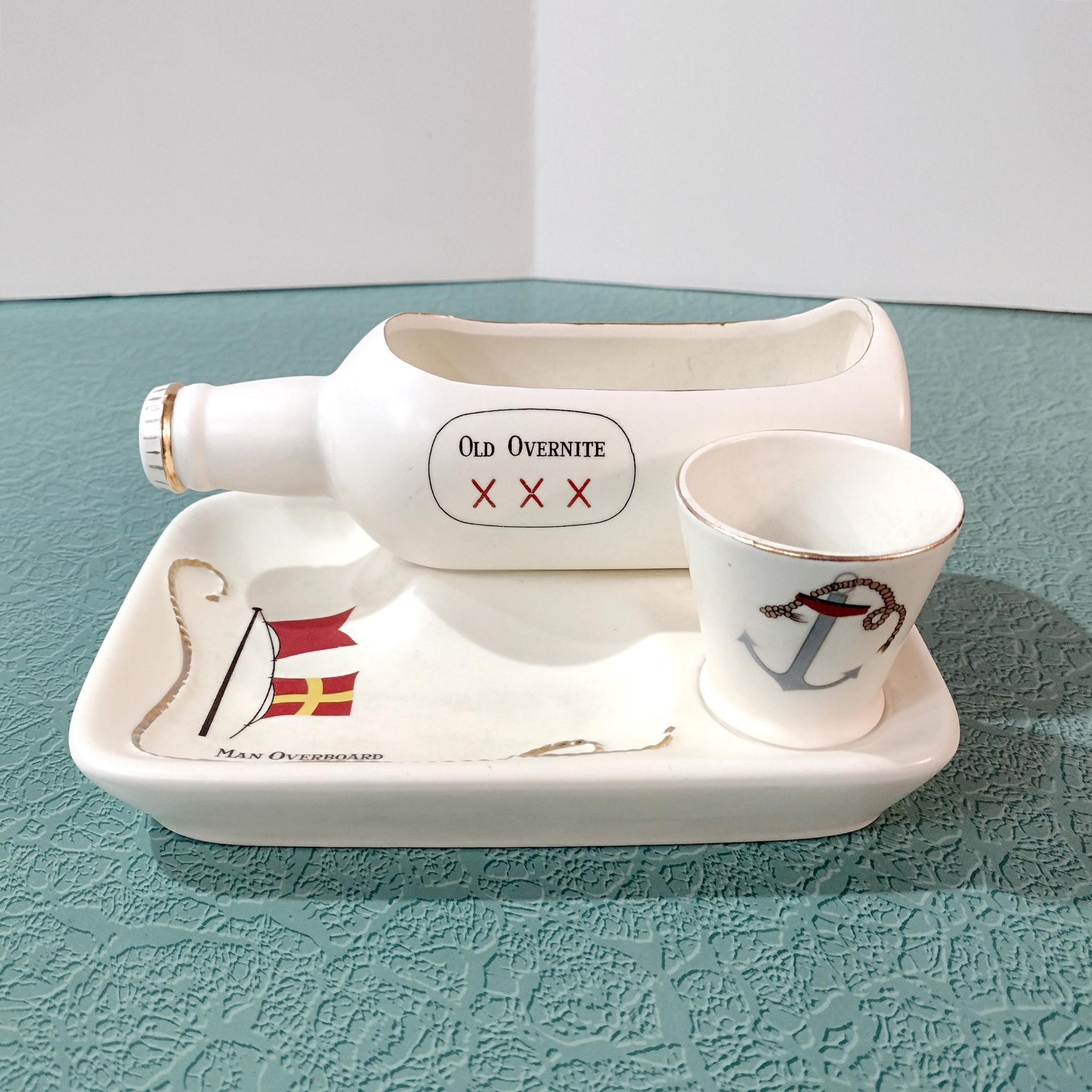 Vintage Enesco Man Overboard Ceramic Shaving Tray, Nautical Dresser Caddy, Valet Trinket Dish, Planter Pot