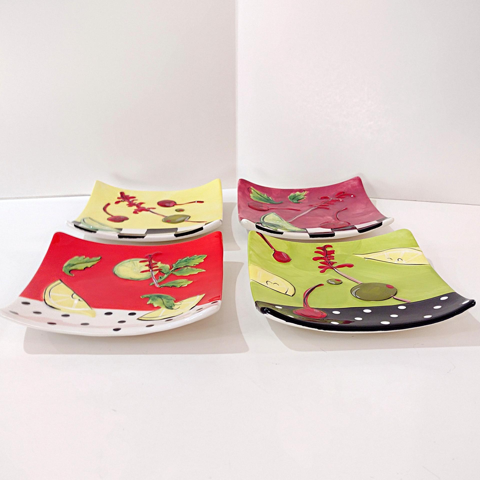 Vintage Cocktail Garnish Themed Square Ceramic Appetizer Plates, Set of 4