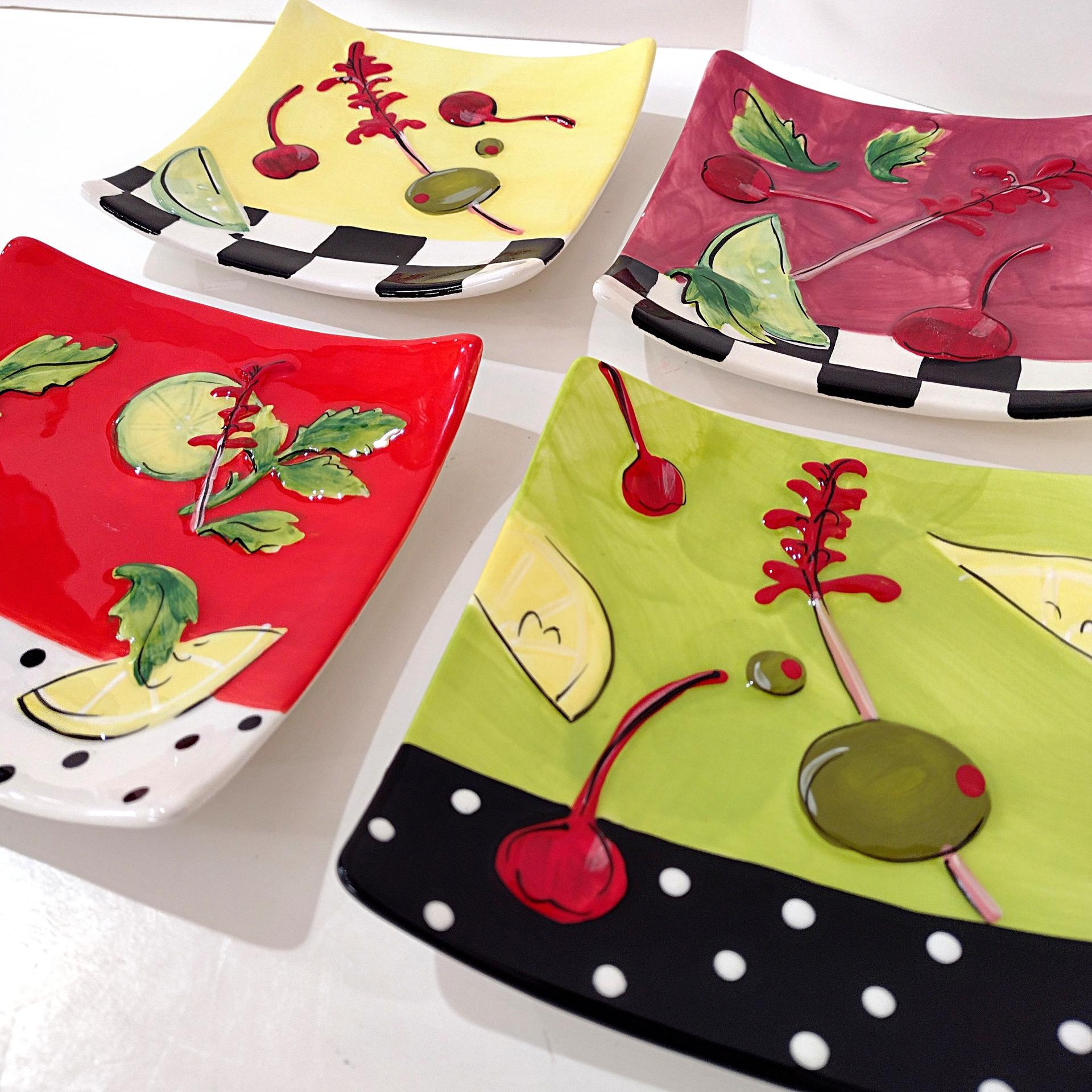 Vintage Cocktail Garnish Themed Square Ceramic Appetizer Plates, Set of 4