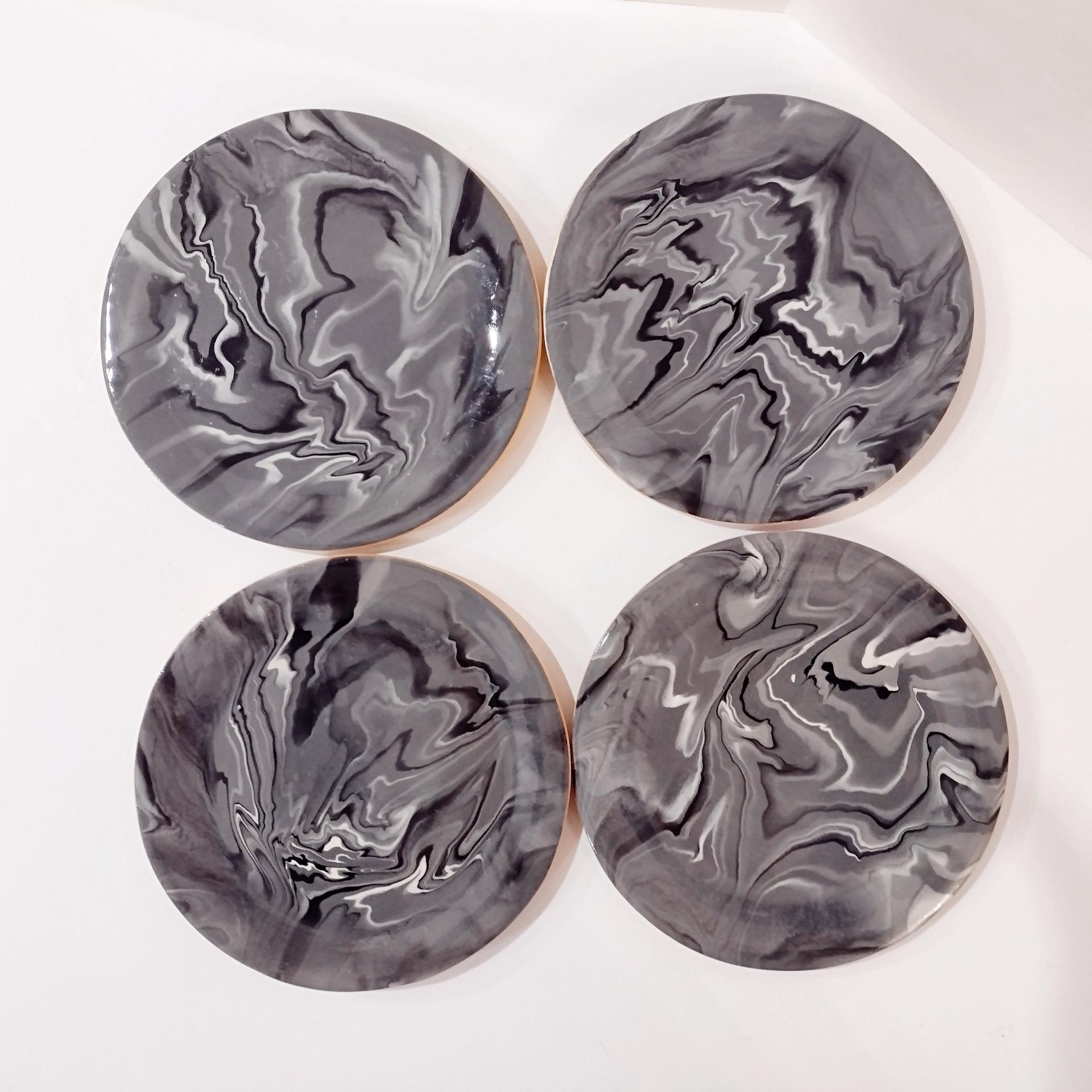 Terrafirma Ellen Evans Signed Studio Pottery Ceramic 7" Plates, Set of Four, Gray/ Black / White Appetizer Snack Plates