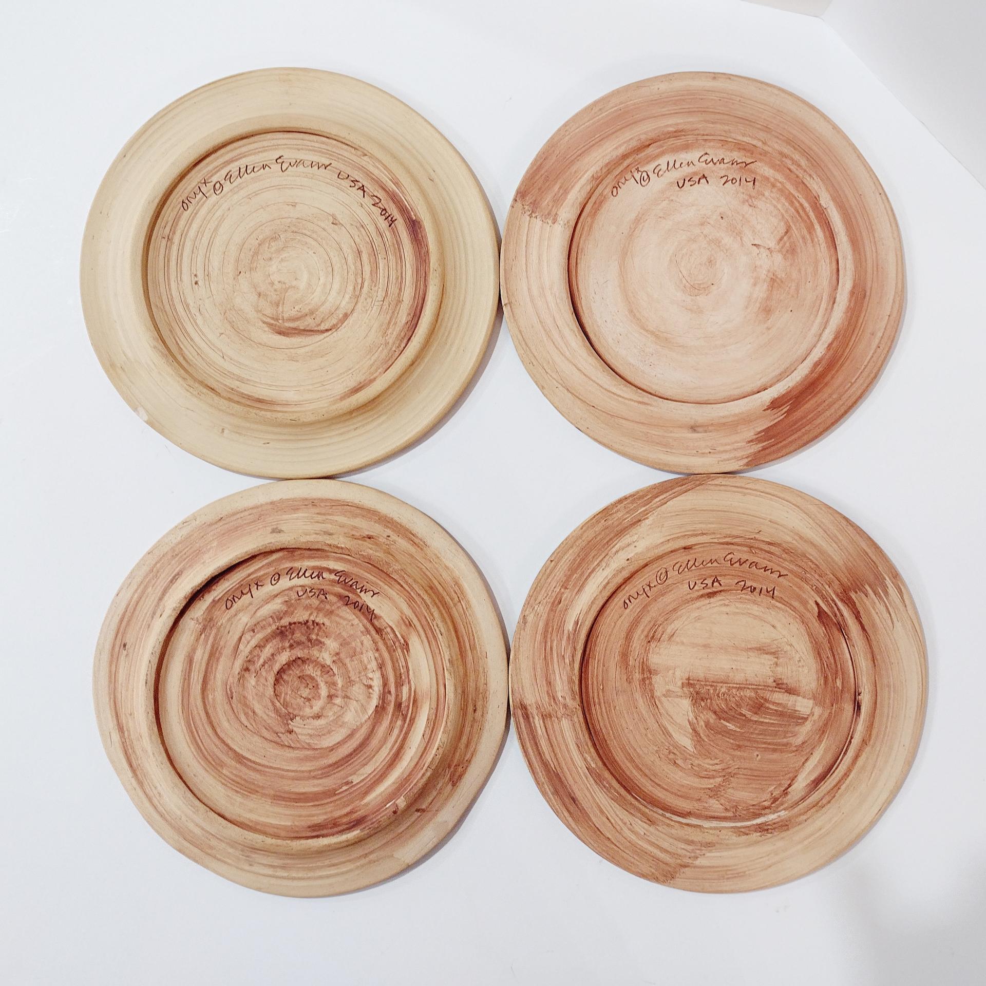 Terrafirma Ellen Evans Signed Studio Pottery Ceramic 7" Plates, Set of Four, Gray/ Black / White Appetizer Snack Plates