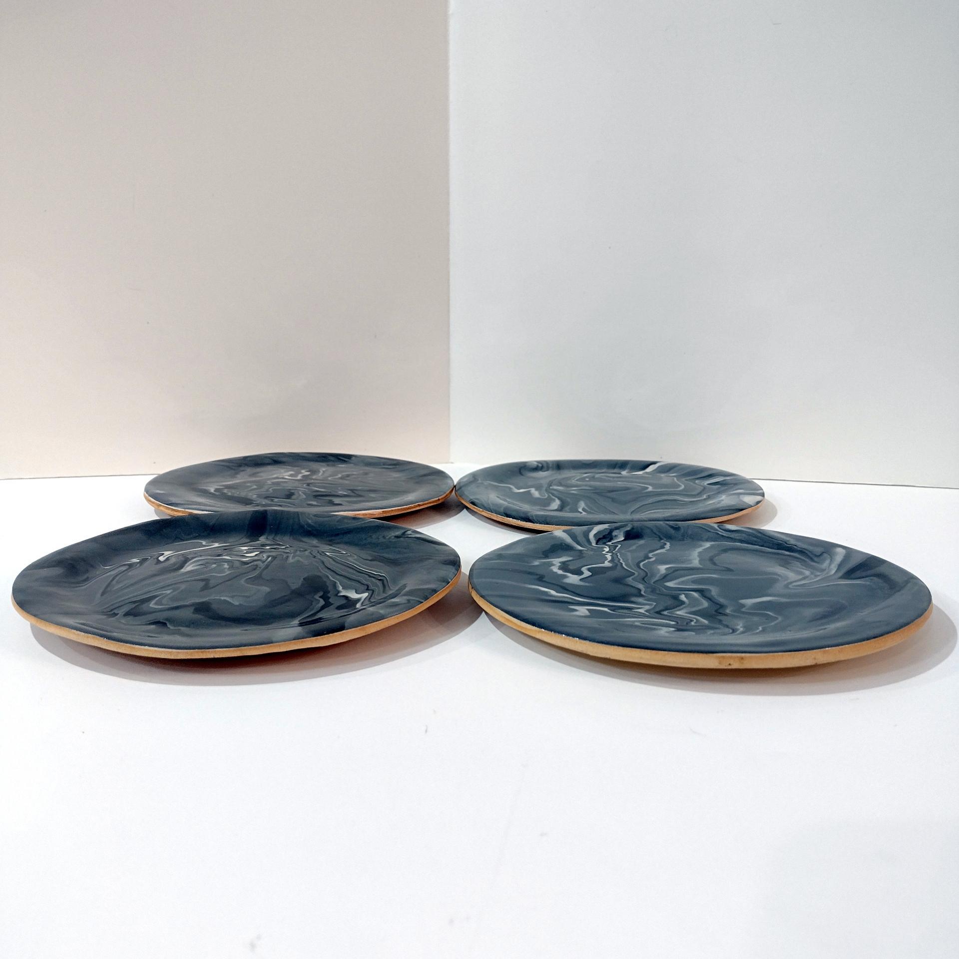 Terrafirma Ellen Evans Signed Studio Pottery Ceramic 7" Plates, Set of Four, Gray/ Black / White Appetizer Snack Plates