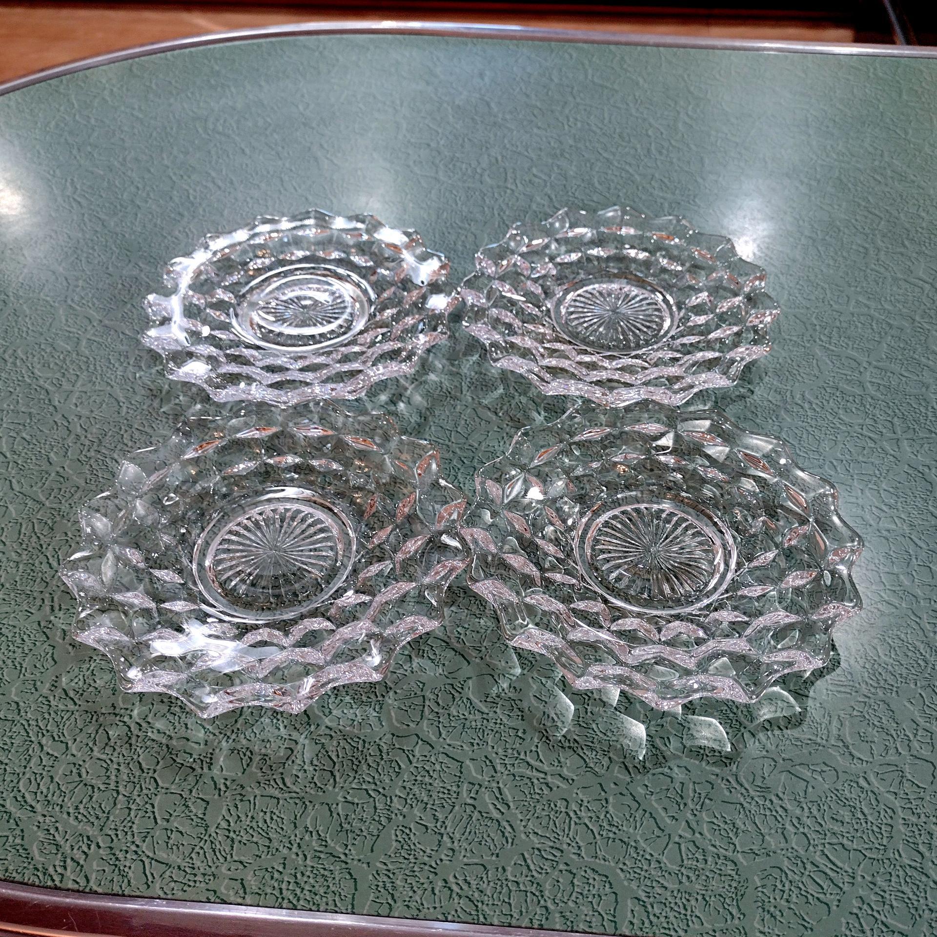 Vintage Fostoria Bread and Butter 6 Inch Plates, American Clear Pattern, Set of Four, UV Reactive Manganese Glassware