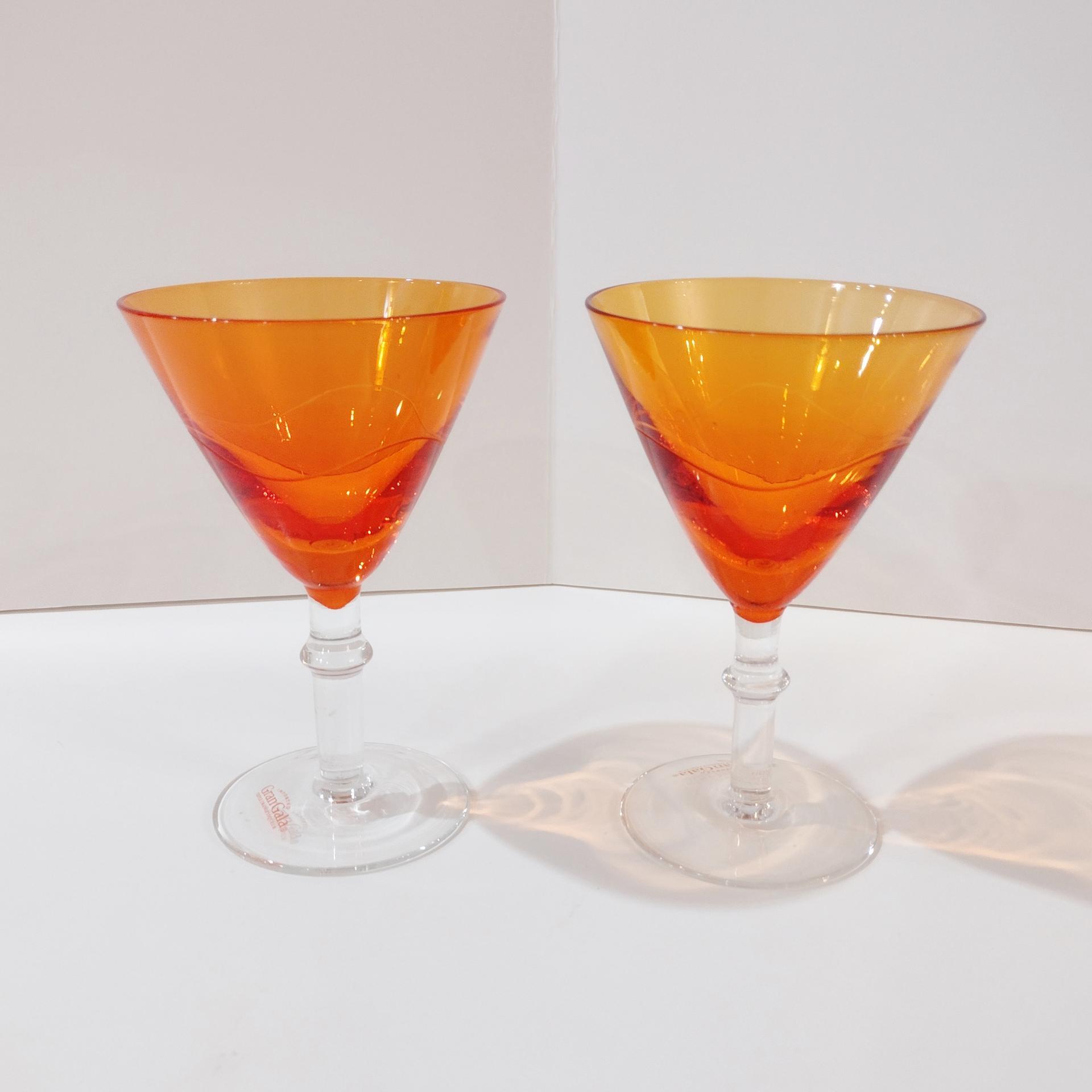 Vintage Orange Martini Cocktail Glasses, Set of Two, Gran Gala Triple Orange Liqueur Advertising Glasses