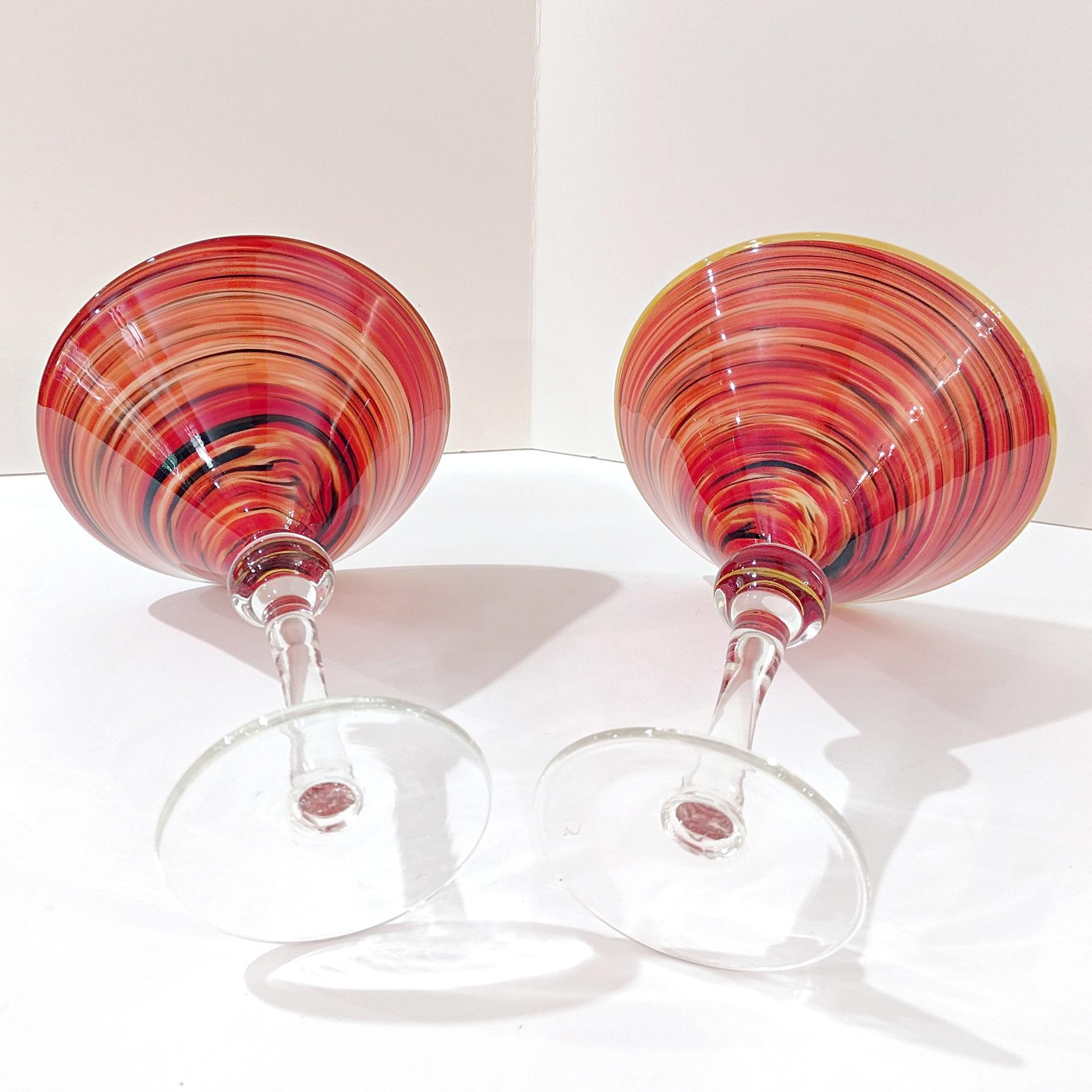 Vintage Hand Blown Martini Cocktail Glasses, Set of 2, Orange Red Black Swirl Art Glasses