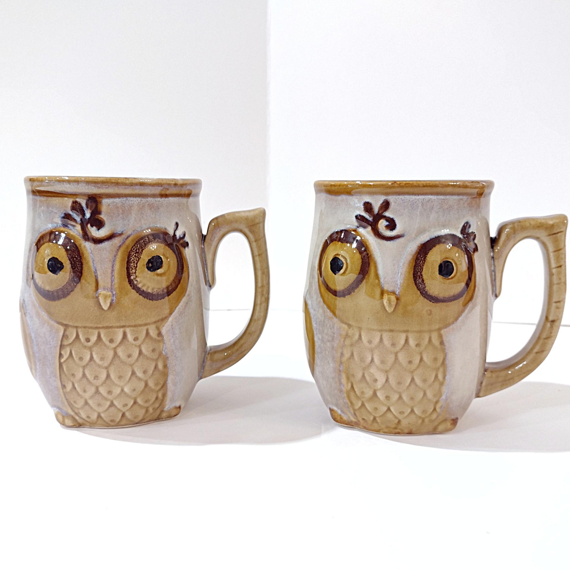 Vintage Figurative Ceramic Owl Mugs, Set of 2, Gibson 12 Ounce Coffee Mugs
