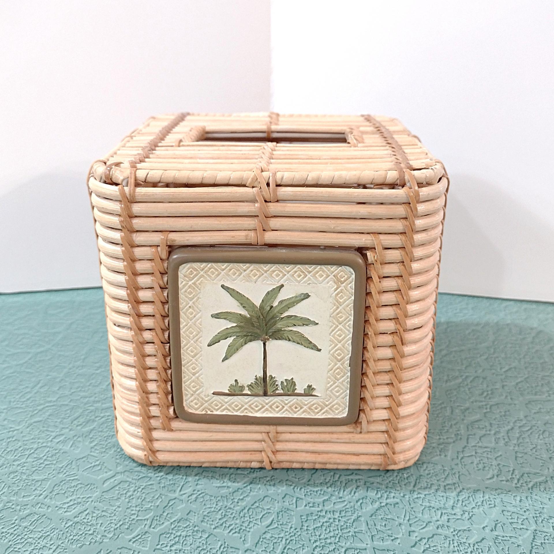 Vintage Bamboo Square Tissue Box Cover Holder with Palm Tree Design, Beth Yarbrough Beach Decor