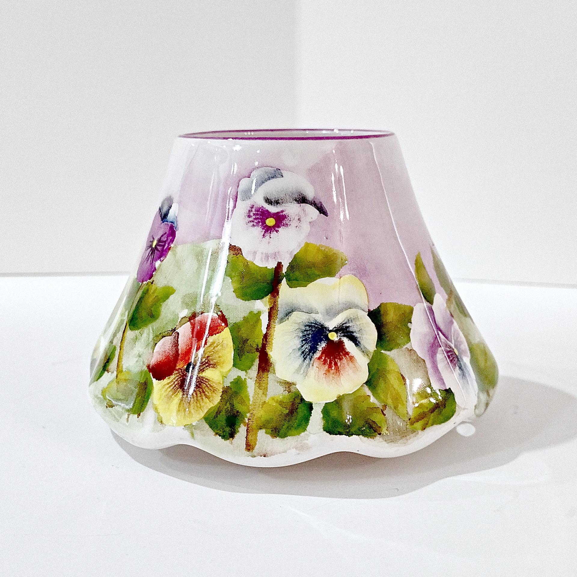 Vintage Pansy Violets Ceramic Jar Candle Shade, Purple, Yellow, Orange, White Floral Candle Topper Accessory