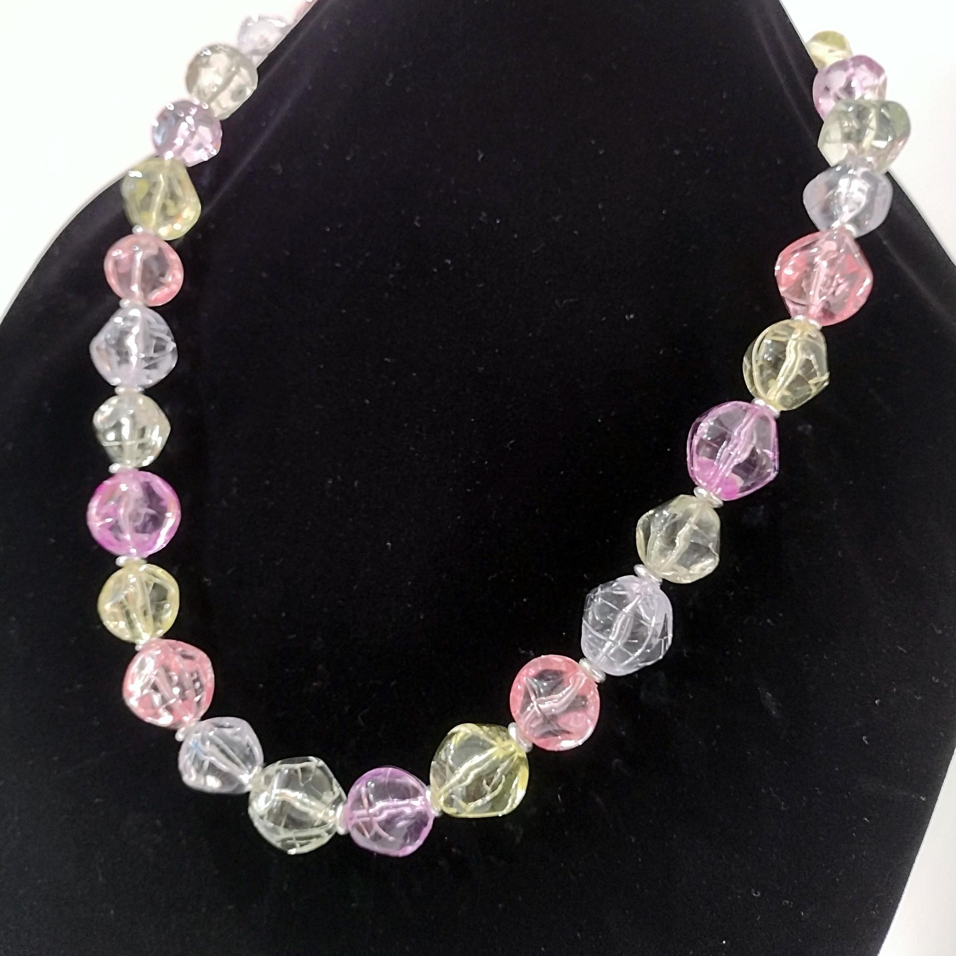 Vintage Chunky Pastel Crackle Bead Necklace, Pink Yellow Purple Green Clear Lucite Beads