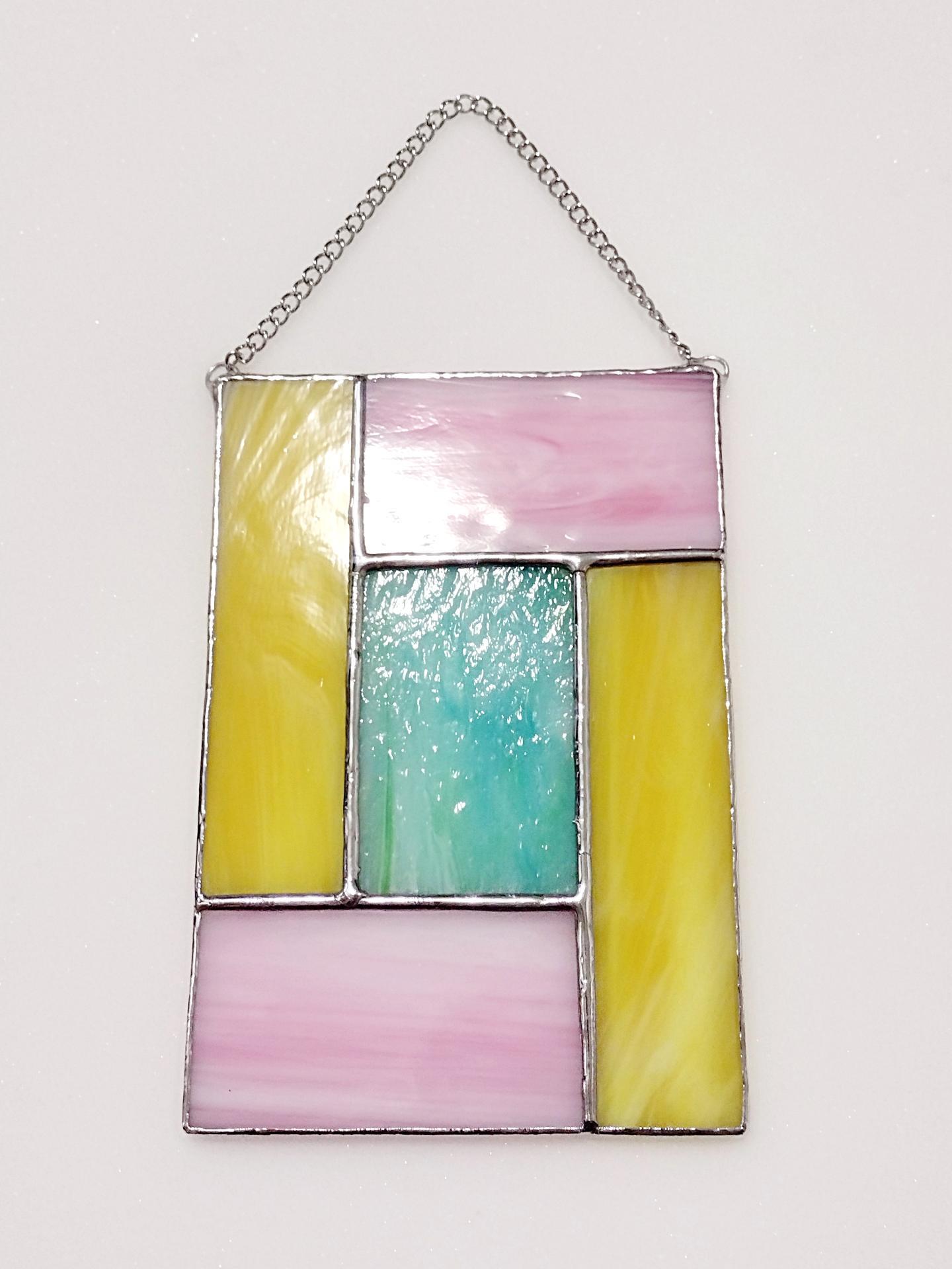 Pink, Blue, and Yellow Geometric Stained Glass Panel Suncatcher, Mondrian Stained Glass Art