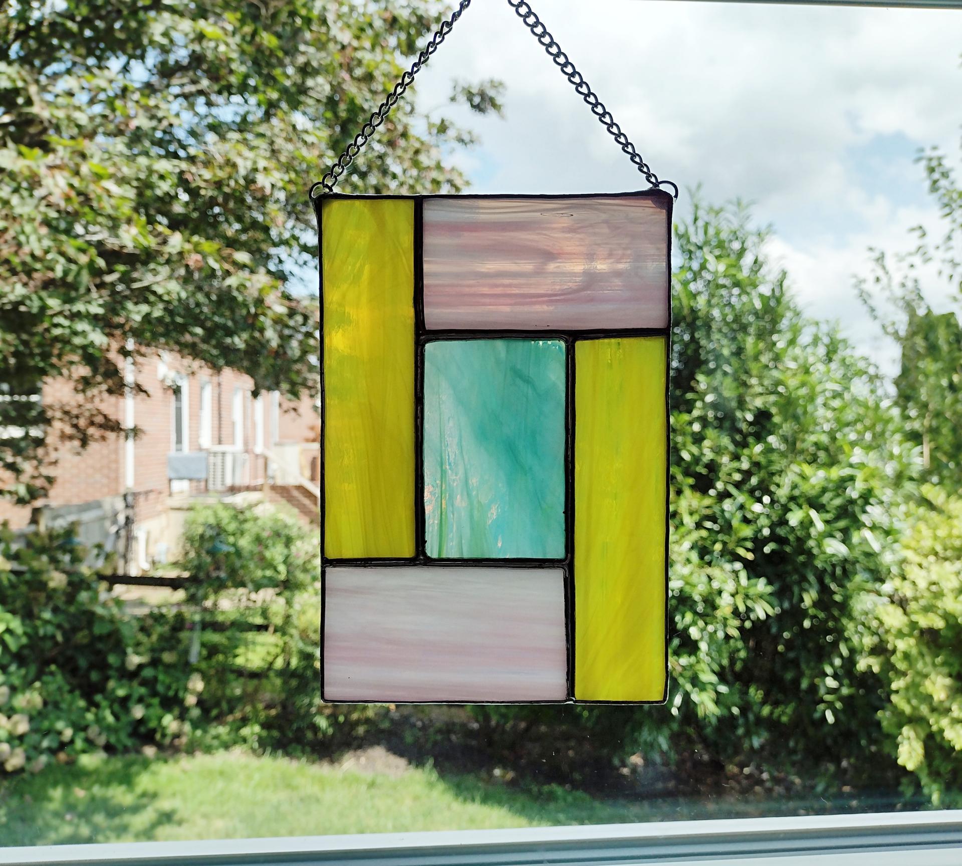 Pink, Blue, and Yellow Geometric Stained Glass Panel Suncatcher, Mondrian Stained Glass Art