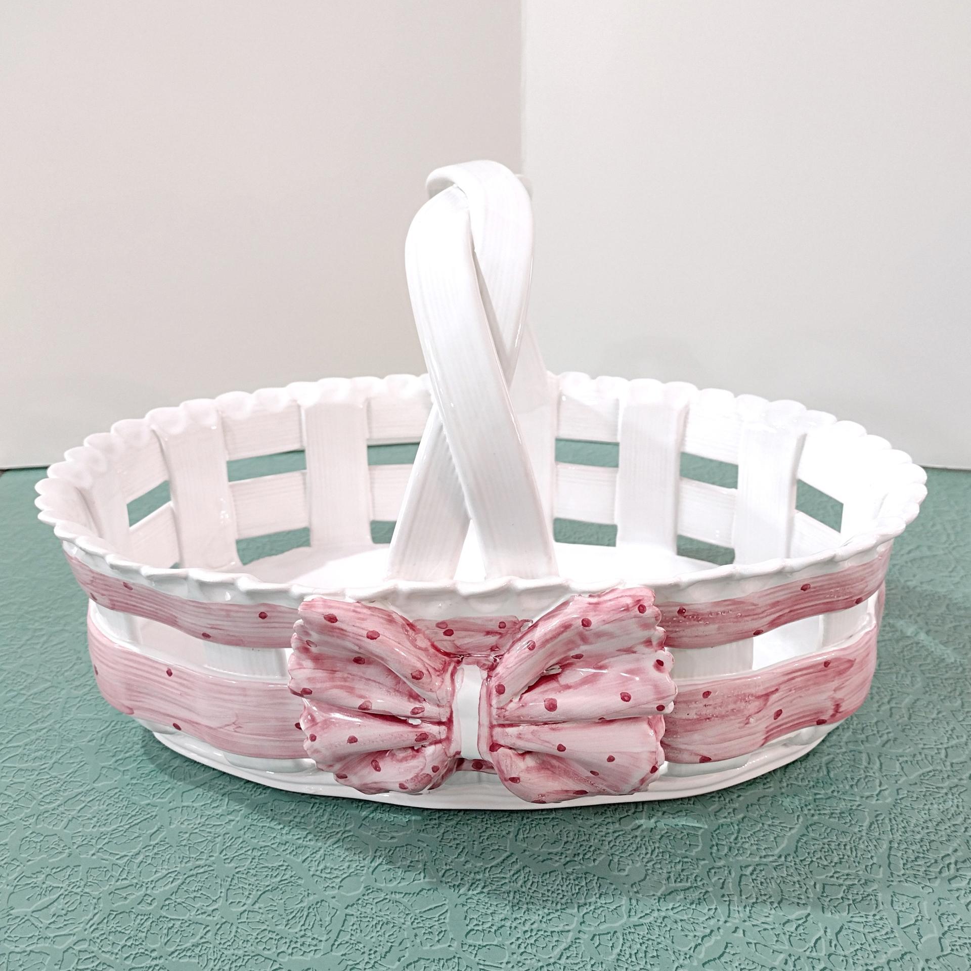 Vintage Ceramic Woven Basket with Pink Band and Bow, Bread Basket, Easter Basket, Decorative Letter Catch All Pottery