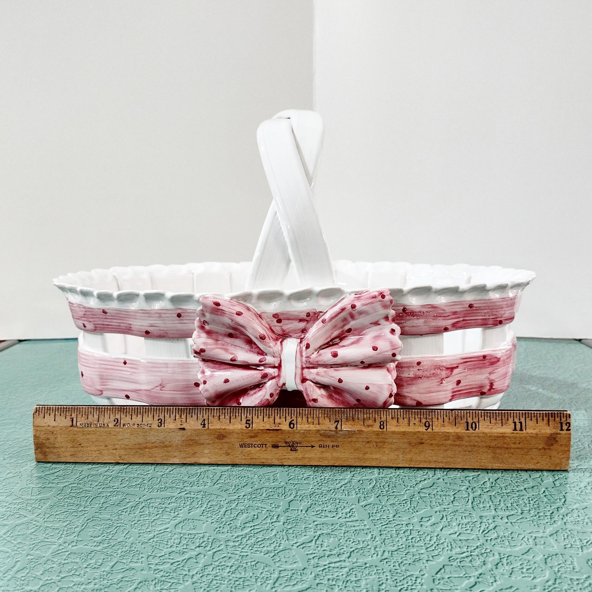 Vintage Ceramic Woven Basket with Pink Band and Bow, Bread Basket, Easter Basket, Decorative Letter Catch All Pottery