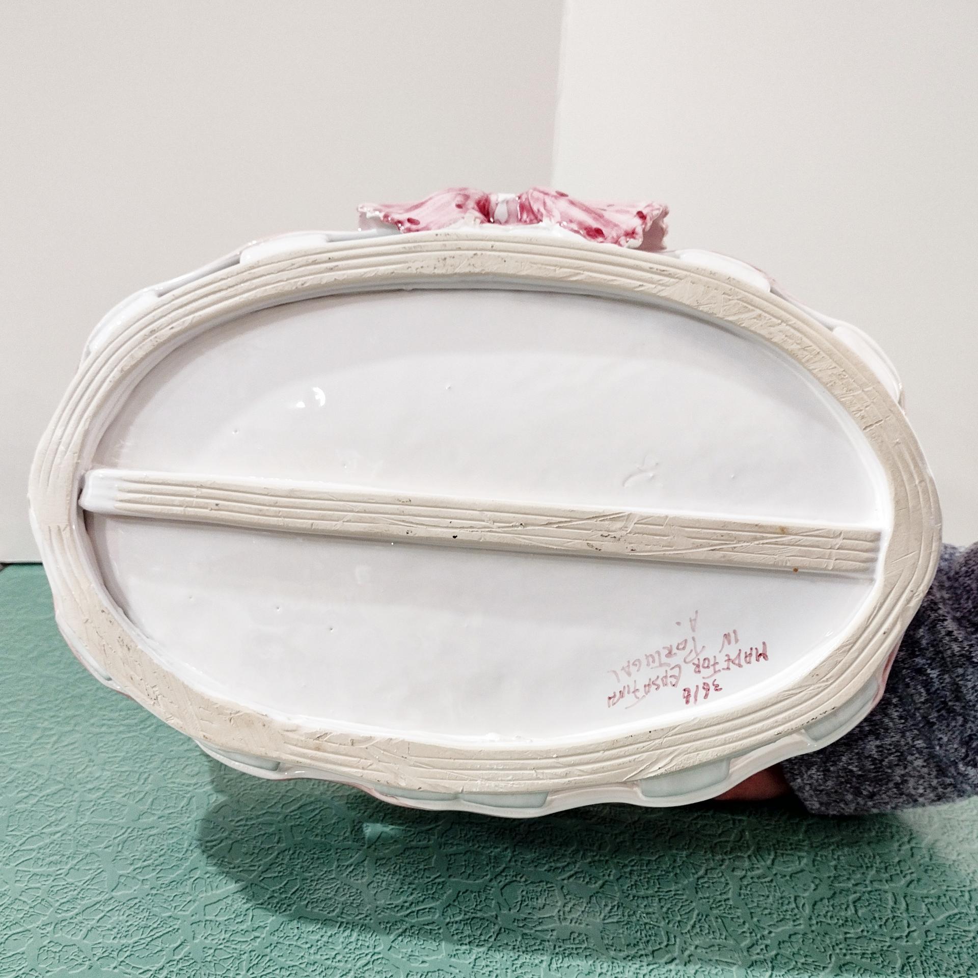 Vintage Ceramic Woven Basket with Pink Band and Bow, Bread Basket, Easter Basket, Decorative Letter Catch All Pottery