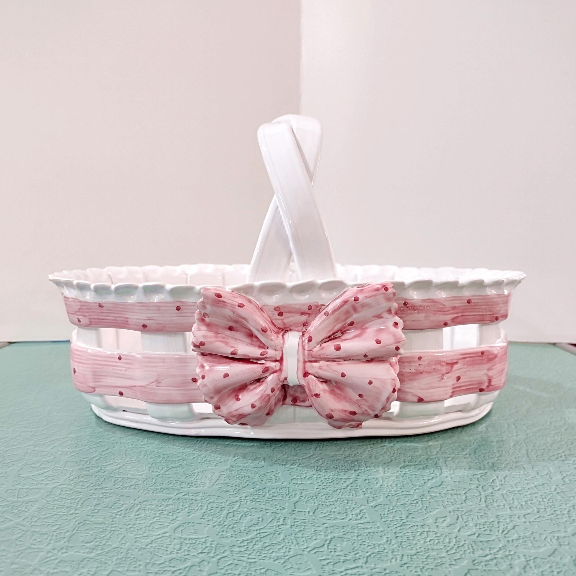Vintage Ceramic Woven Basket with Pink Band and Bow, Bread Basket, Easter Basket, Decorative Letter Catch All Pottery