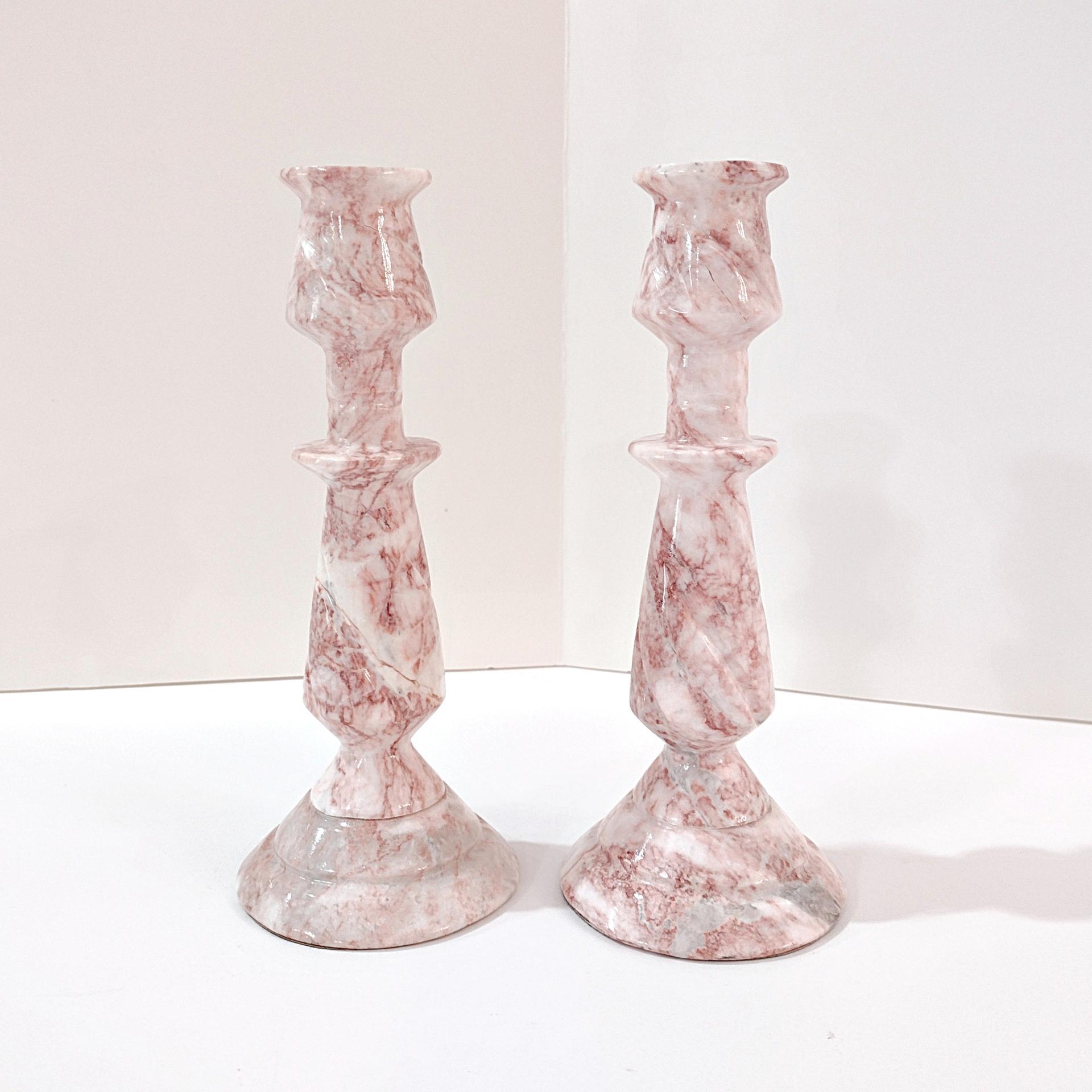 Vintage Pink and White Onyx Marble Carved Candle Stick Holders, Set of Two, Taper Candlestick Holders