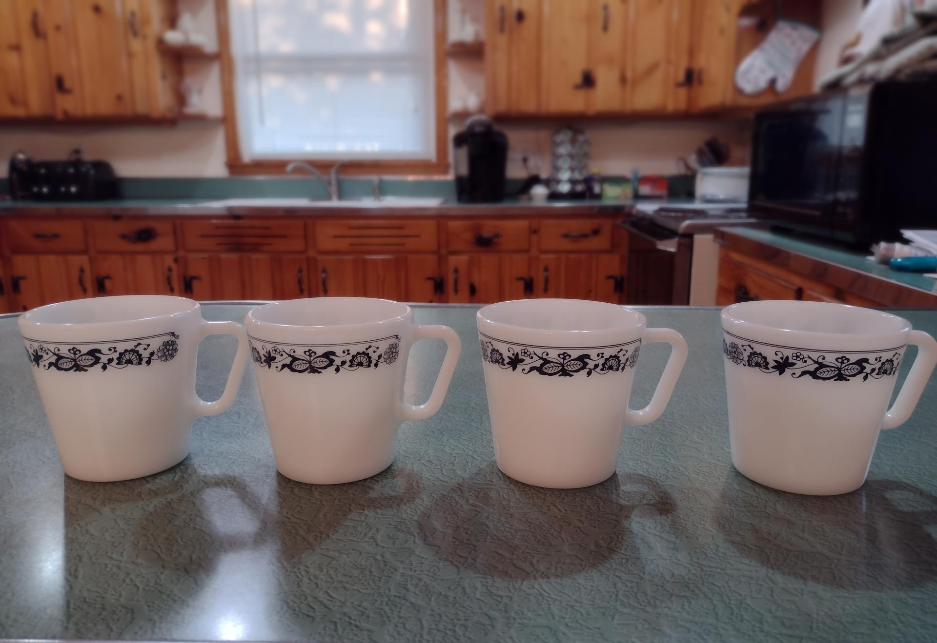 Set of 4 Vintage Pyrex Old Town Blue D Handle Mugs, #1410 Design