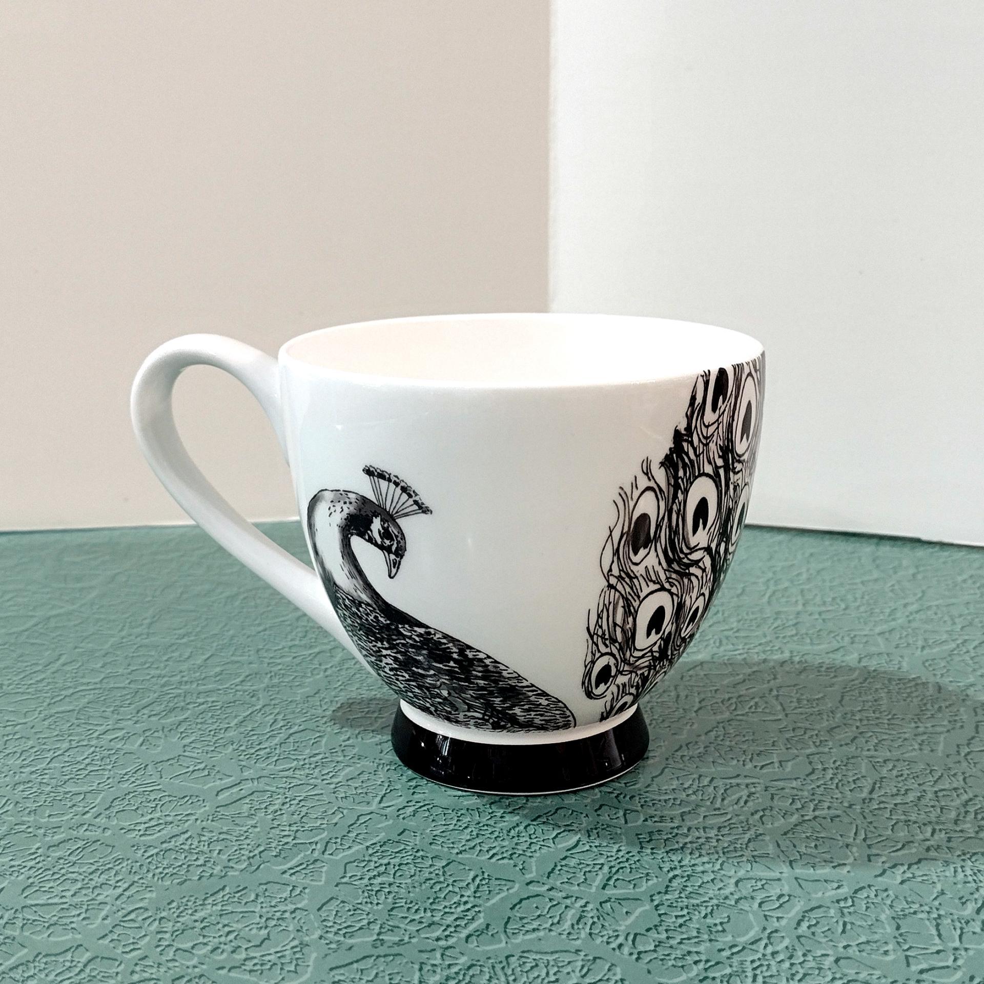 Vintage Black and White Peacock Mug, Large 16 Ounce Coffee Tea Mug