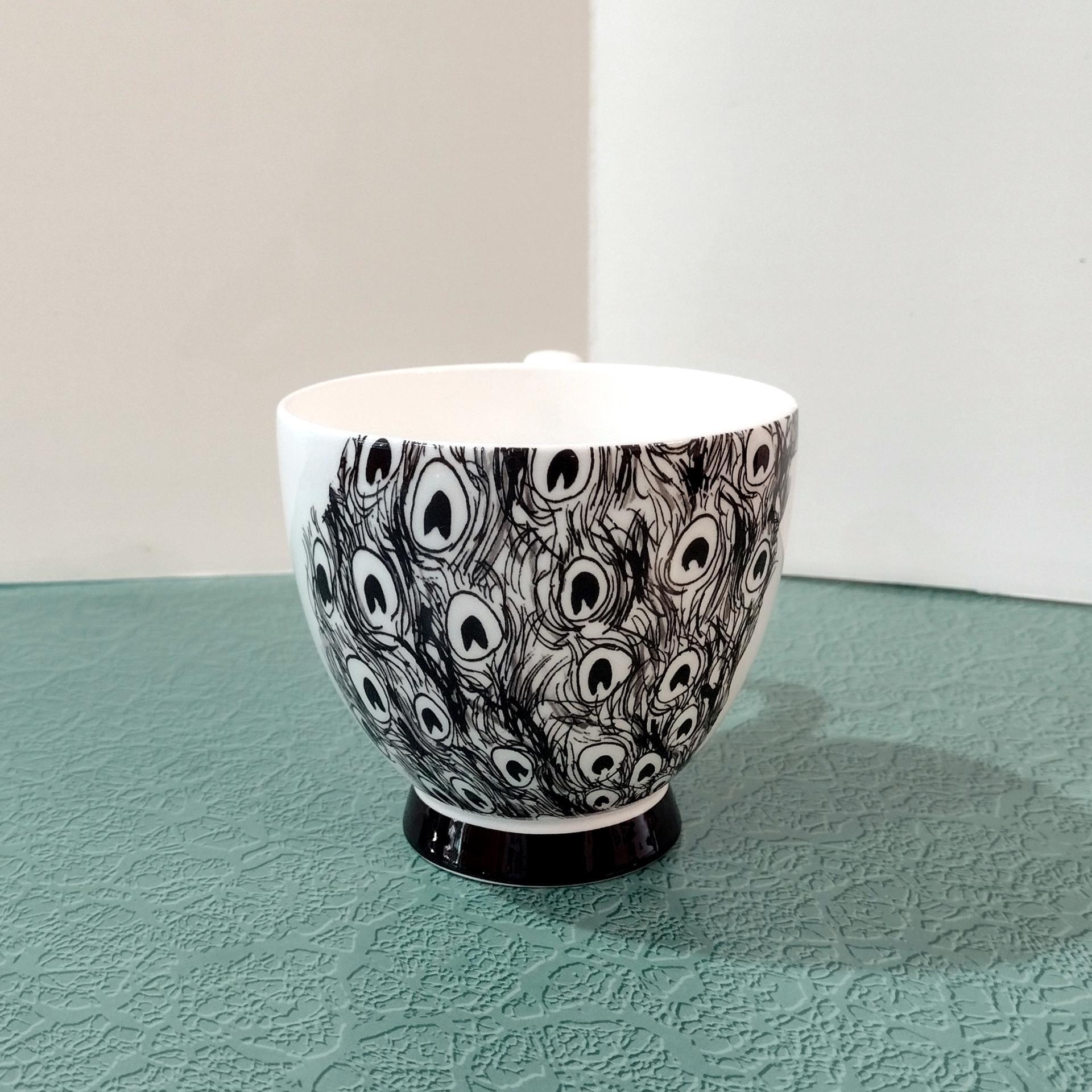 Vintage Black and White Peacock Mug, Large 16 Ounce Coffee Tea Mug