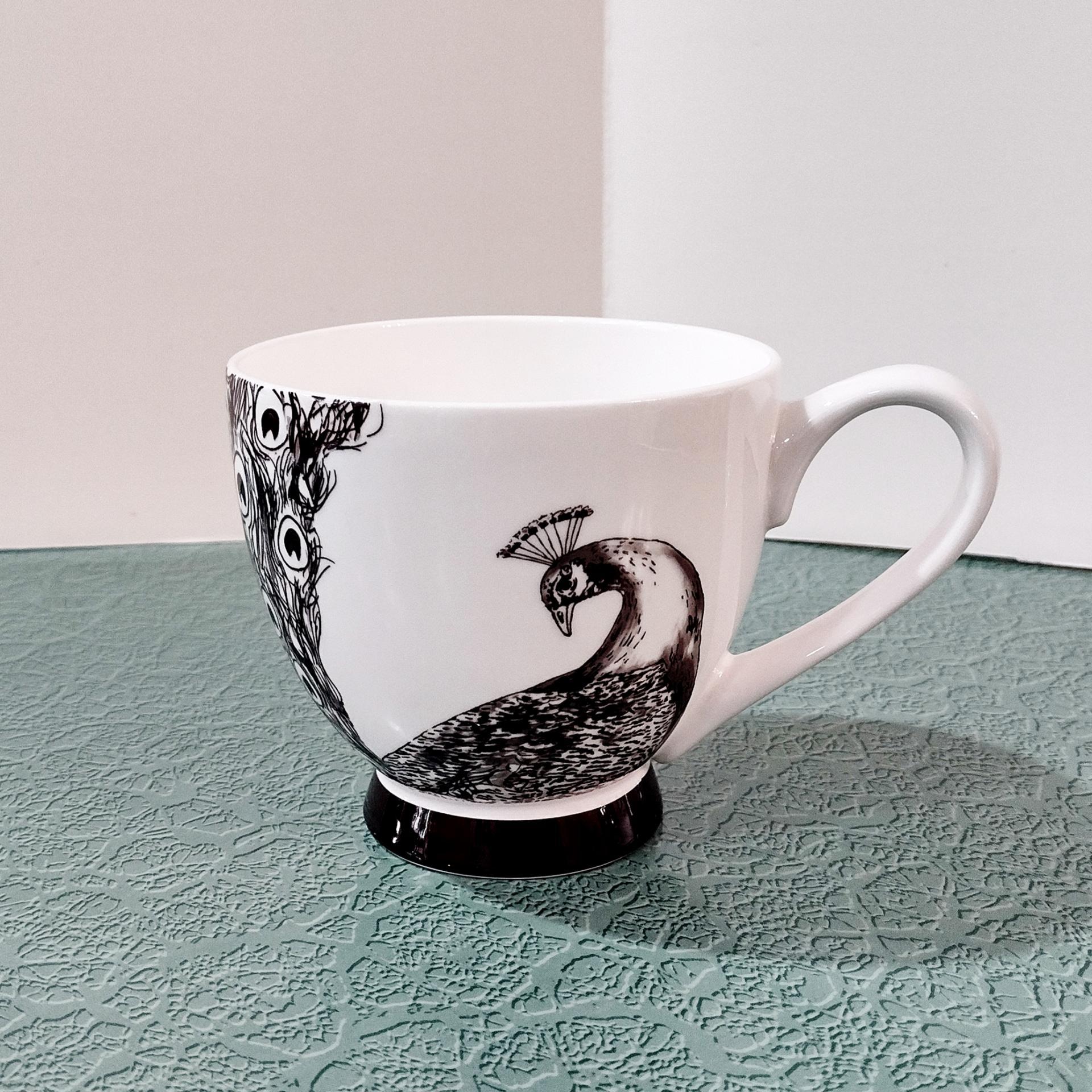 Vintage Black and White Peacock Mug, Large 16 Ounce Coffee Tea Mug