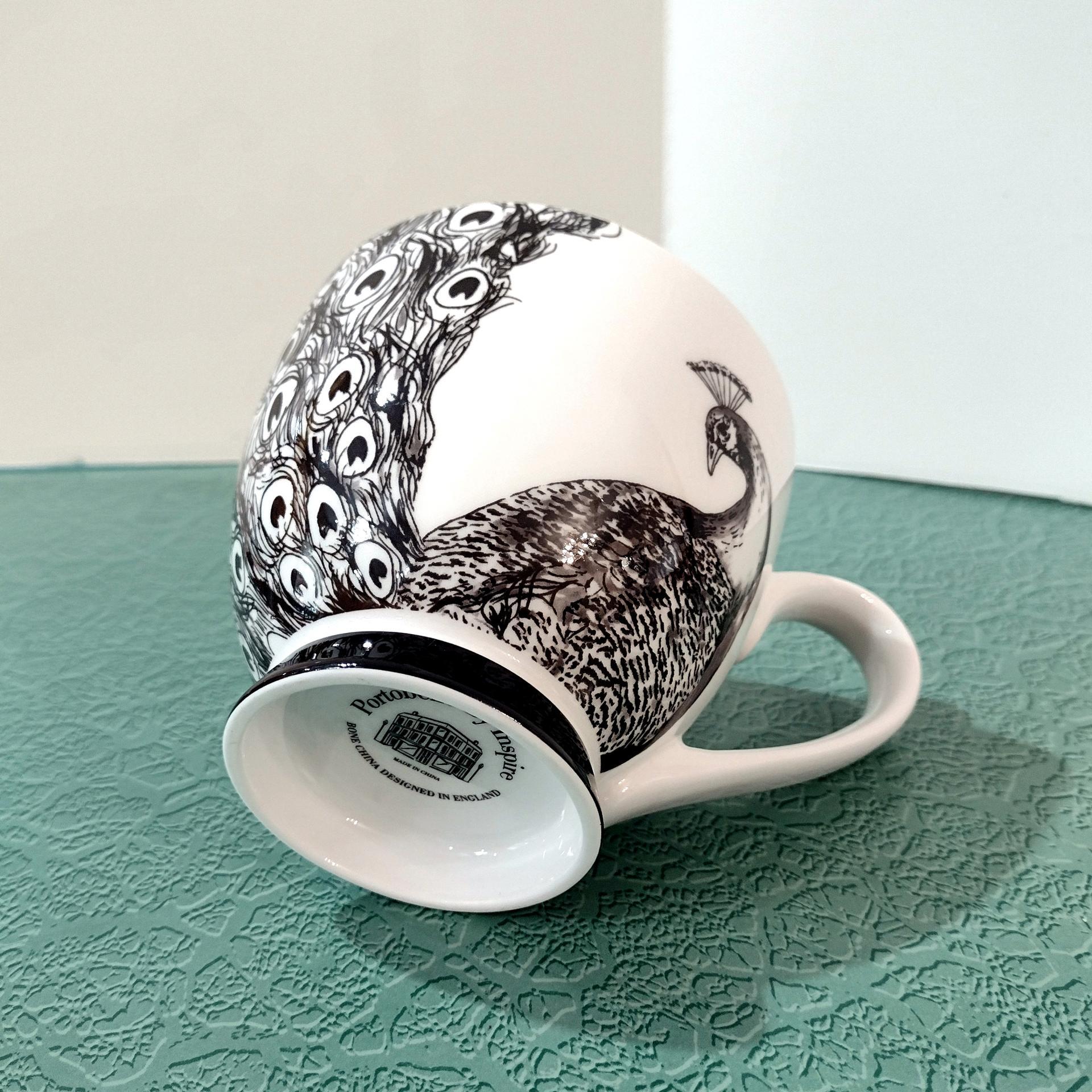 Vintage Black and White Peacock Mug, Large 16 Ounce Coffee Tea Mug
