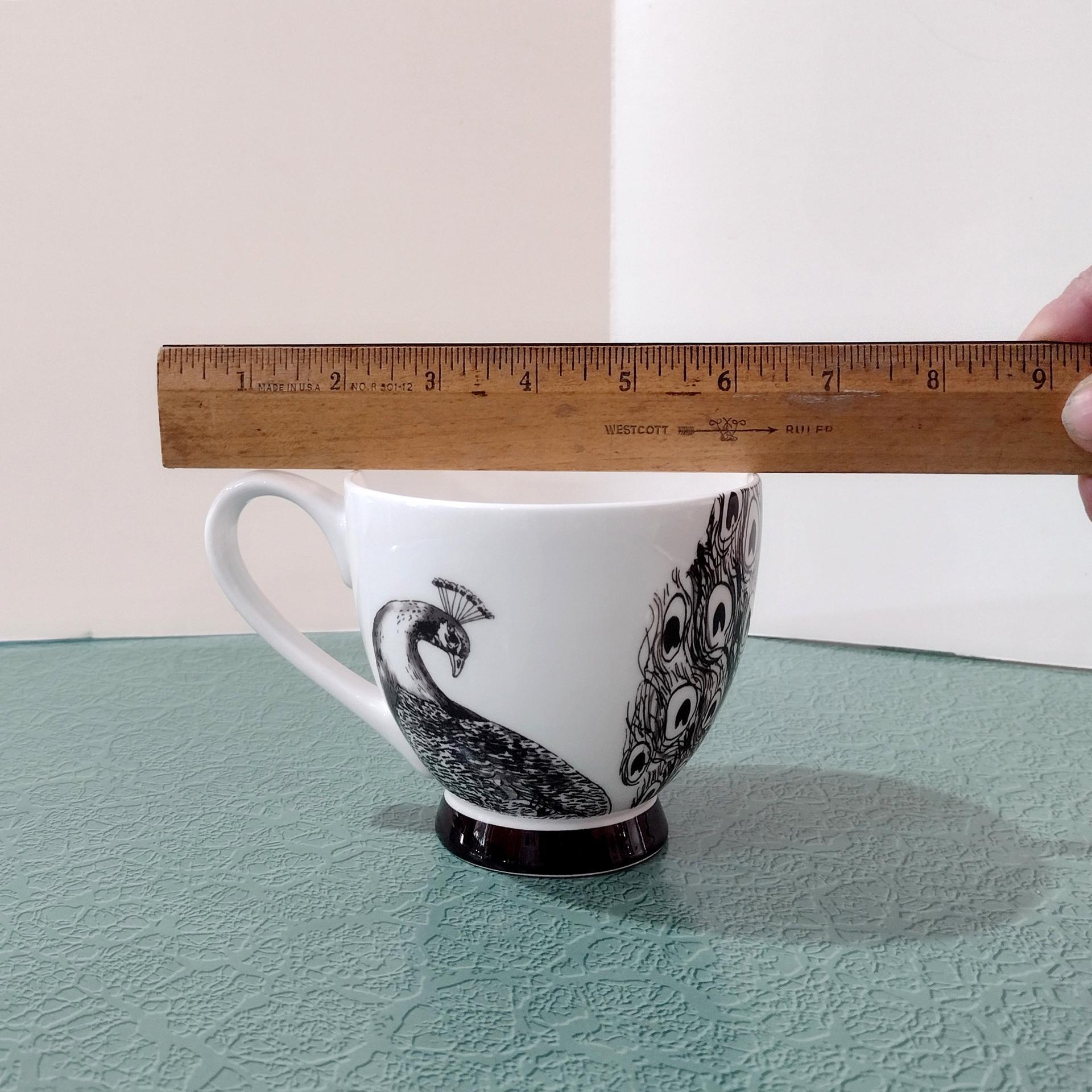 Vintage Black and White Peacock Mug, Large 16 Ounce Coffee Tea Mug