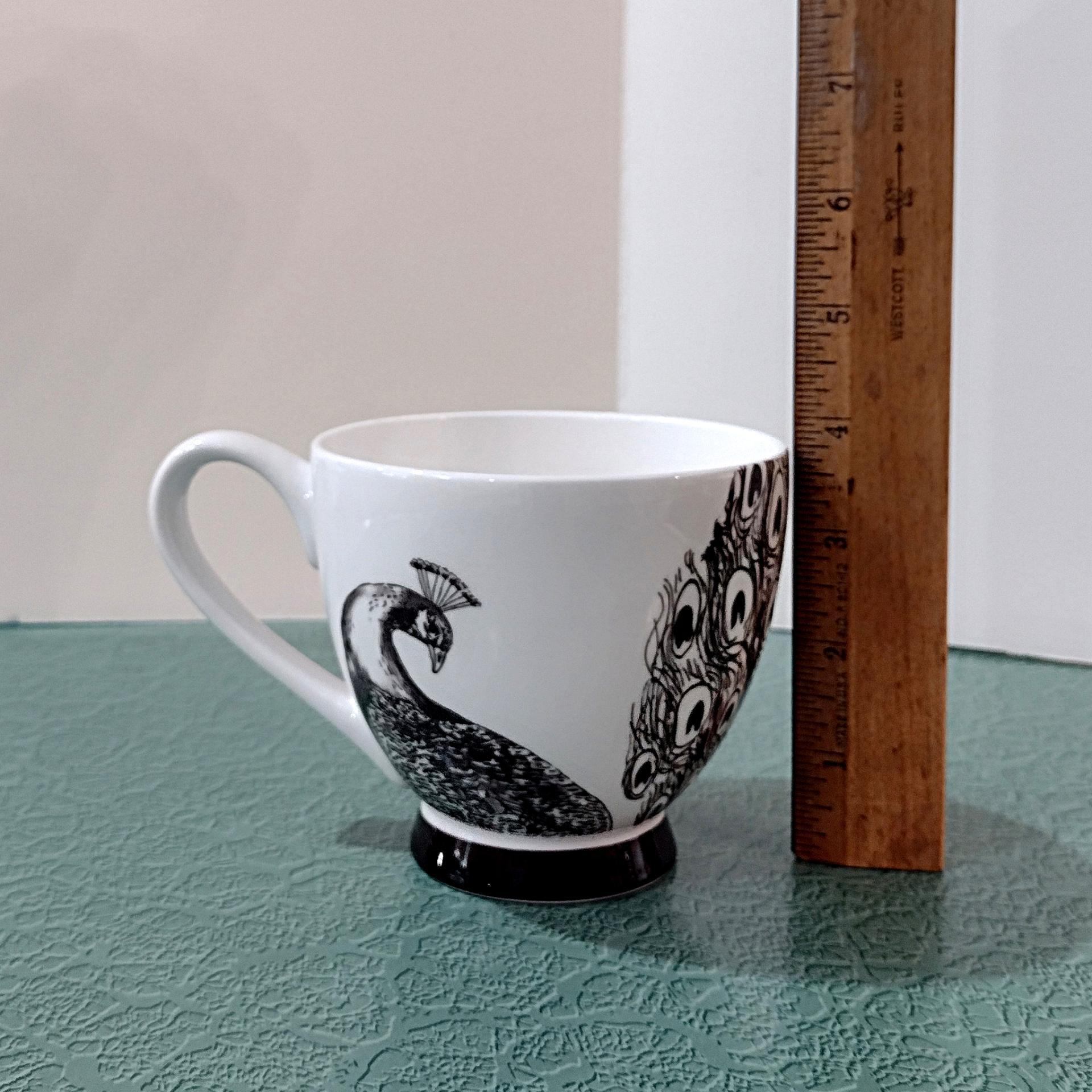 Vintage Black and White Peacock Mug, Large 16 Ounce Coffee Tea Mug
