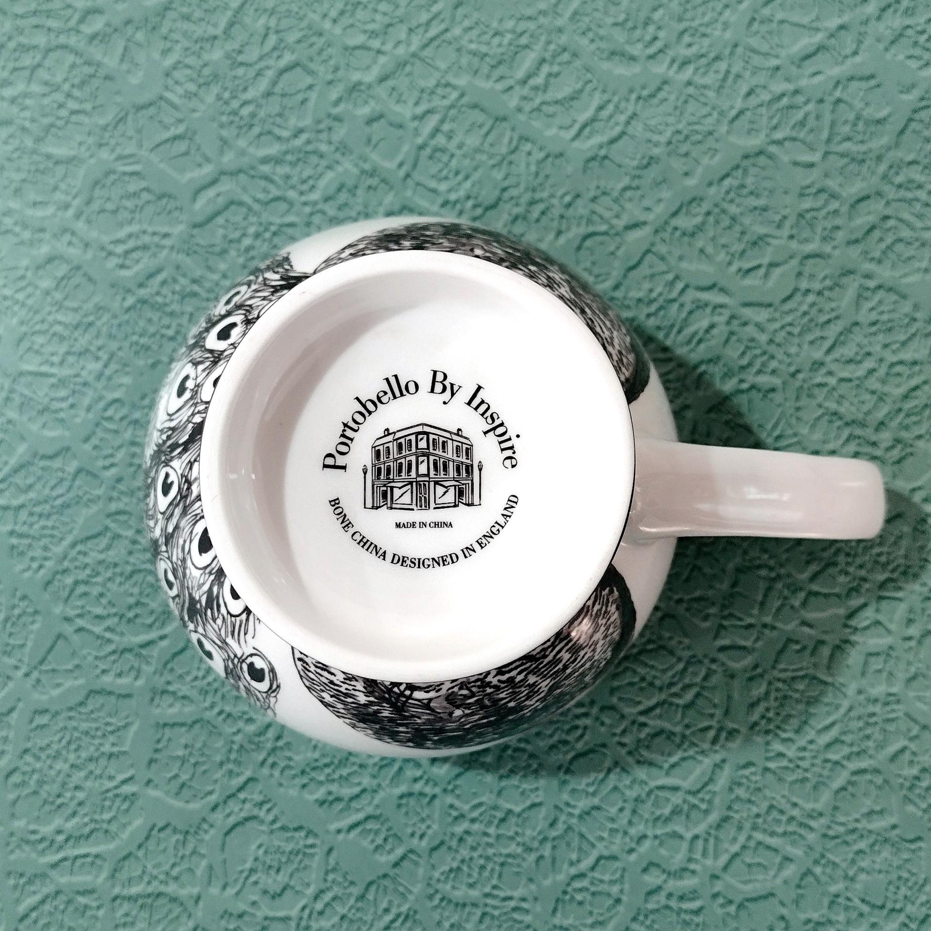 Vintage Black and White Peacock Mug, Large 16 Ounce Coffee Tea Mug