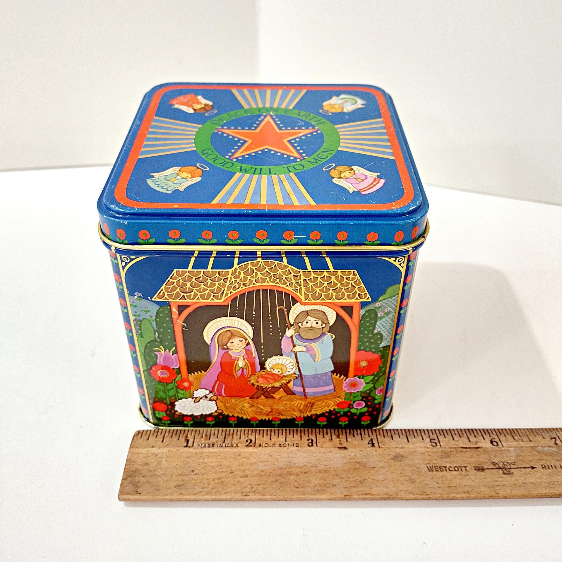 Vintage Hallmark Peace On Earth Square Metal Tin Box Storage Container, Christmas Manger Scene Tin