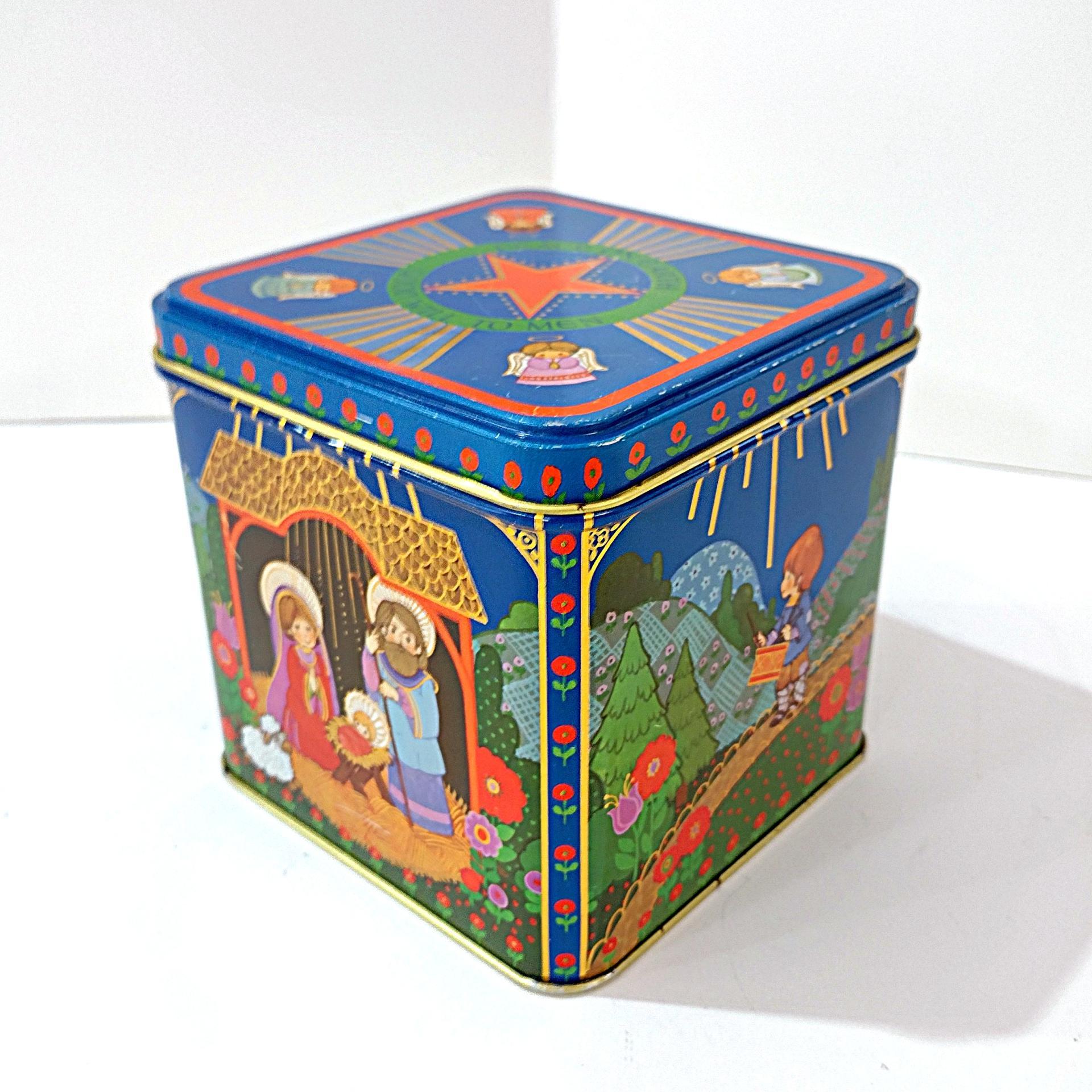 Vintage Hallmark Peace On Earth Square Metal Tin Box Storage Container, Christmas Manger Scene Tin