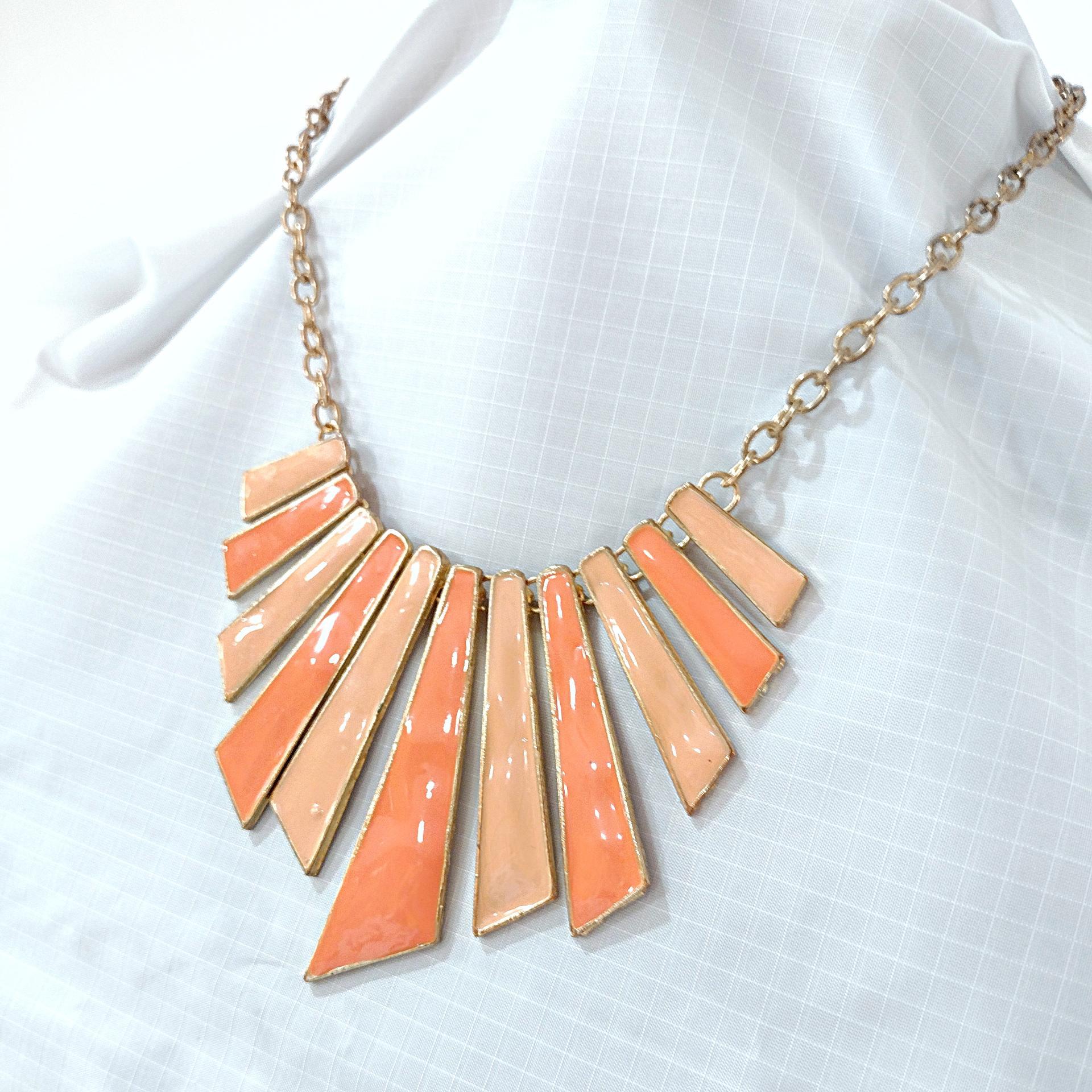 Vintage Orange and Peach Enamel Gold Tone Geometric Bib Necklace, Retro MCM Jewelry