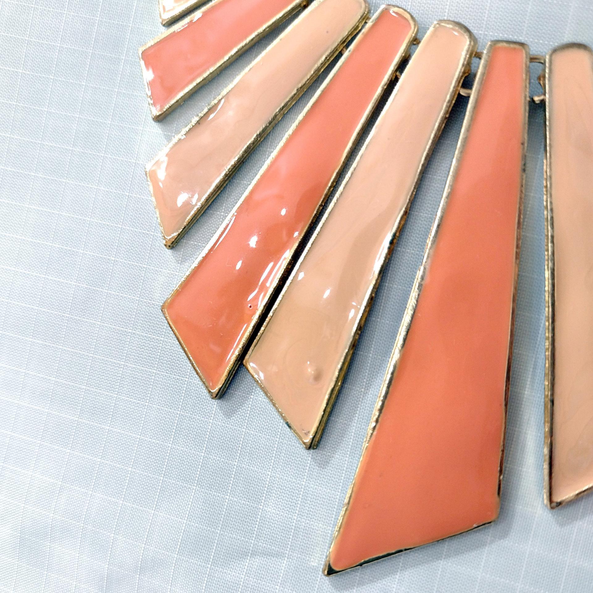 Vintage Orange and Peach Enamel Gold Tone Geometric Bib Necklace, Retro MCM Jewelry