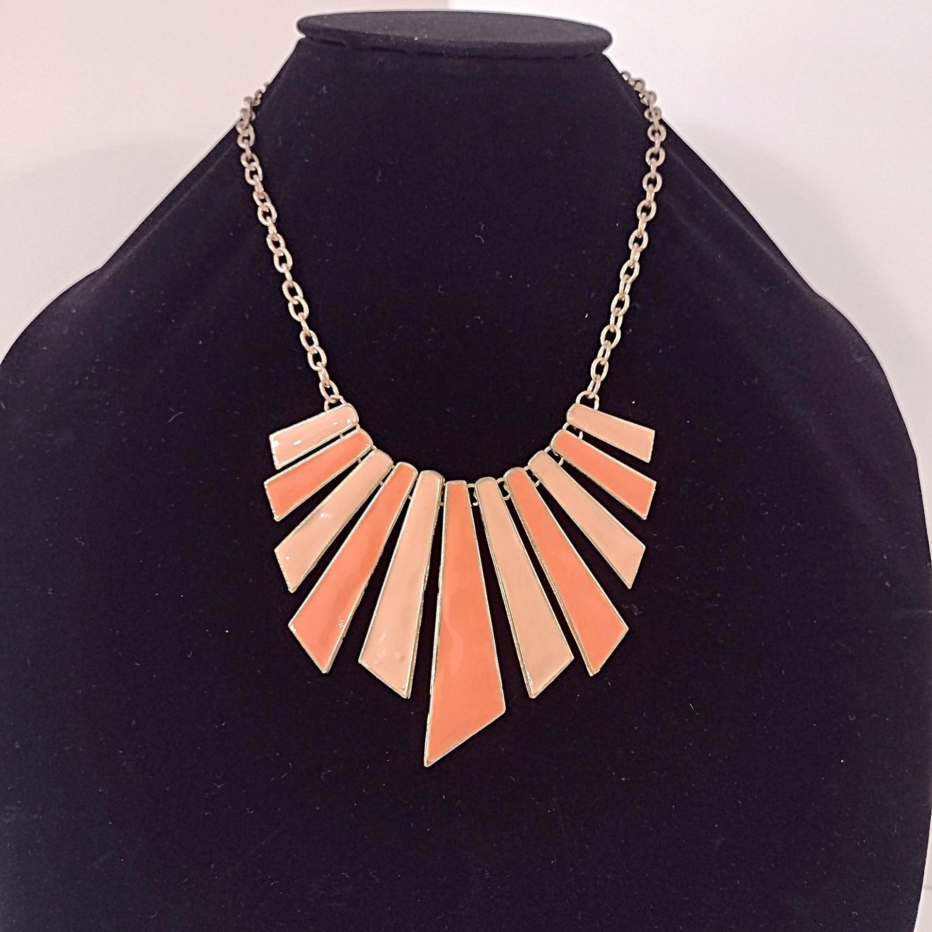 Vintage Orange and Peach Enamel Gold Tone Geometric Bib Necklace, Retro MCM Jewelry