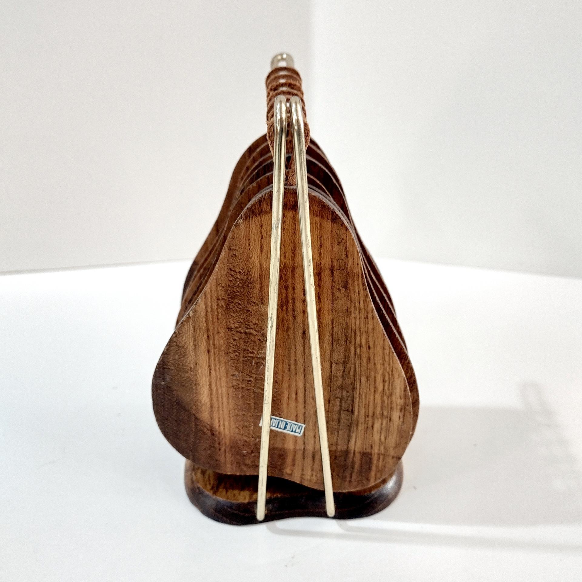 Vintage Wooden Pear Shaped Cork Coasters with Stand Holder, Set of 8