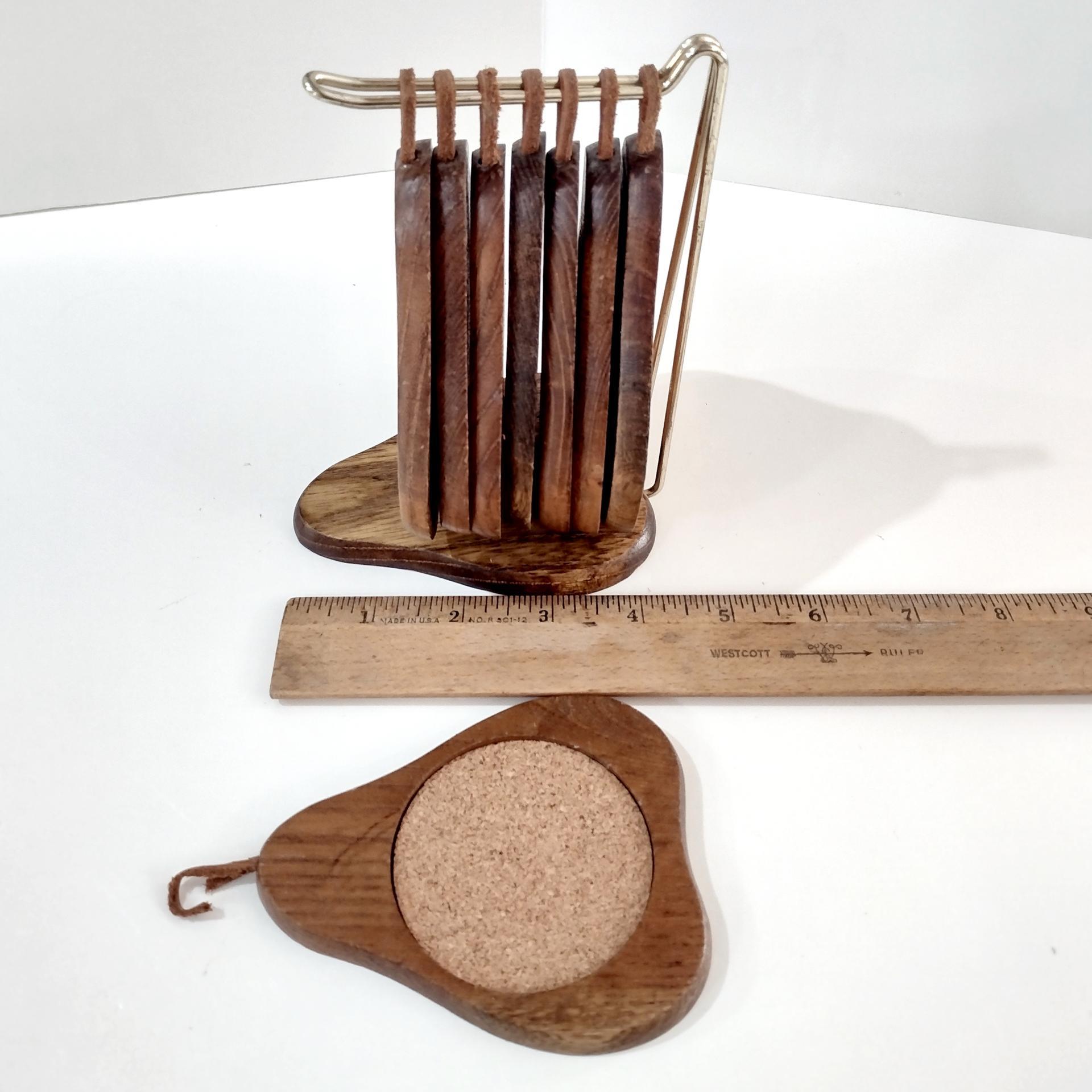 Vintage Wooden Pear Shaped Cork Coasters with Stand Holder, Set of 8