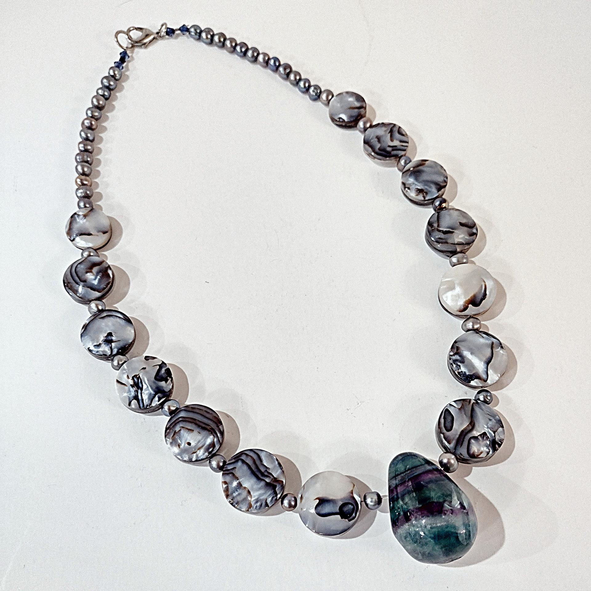 Vintage Rainbow Fluorite and Mother of Pearl Necklace