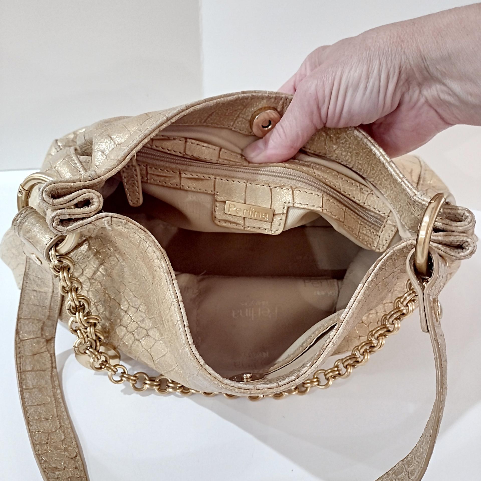 Vintage Perlina Genuine Leather Metallic Gold Reptile Print Handbag Purse with Thick Chain Accent and Shoulder Strap