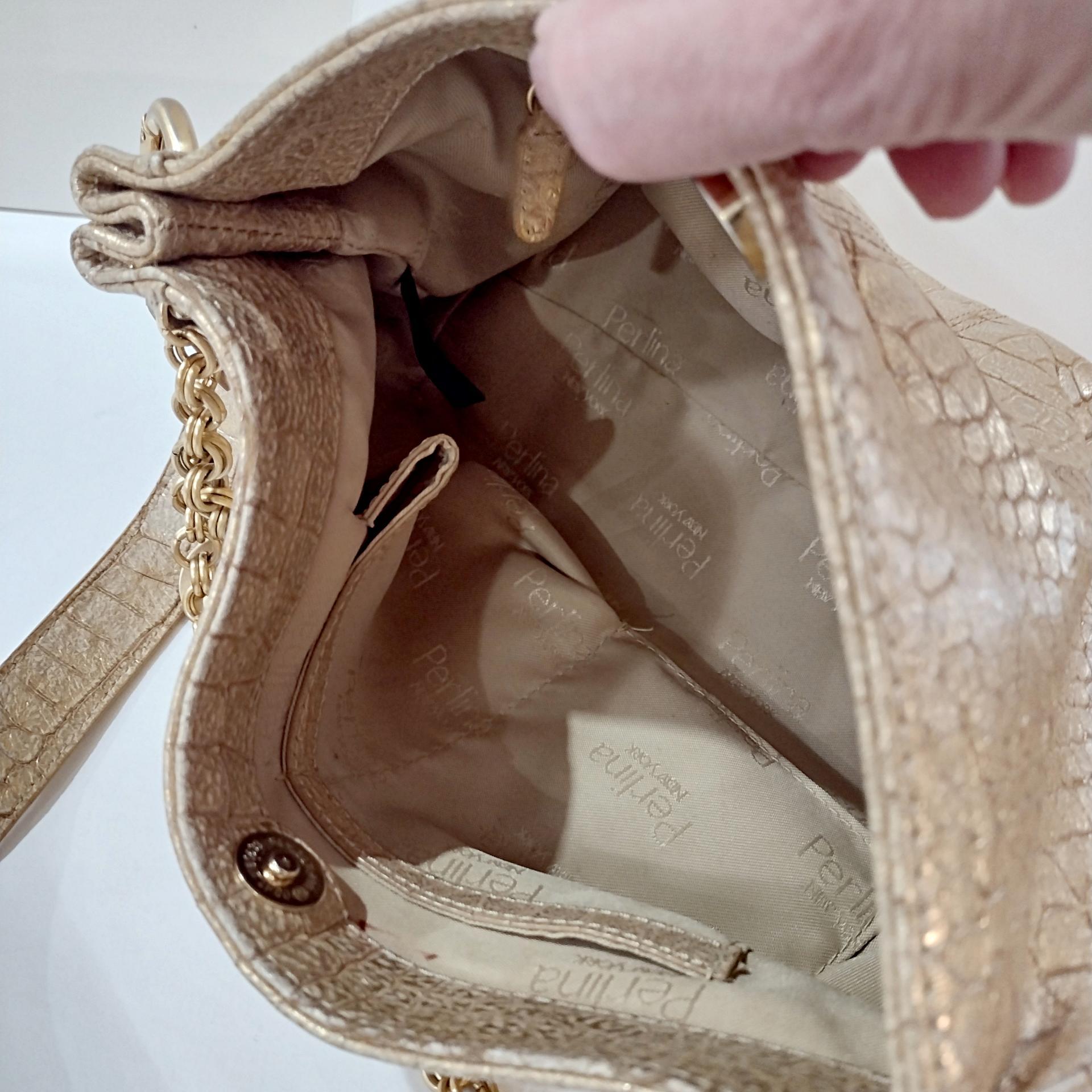 Vintage Perlina Genuine Leather Metallic Gold Reptile Print Handbag Purse with Thick Chain Accent and Shoulder Strap