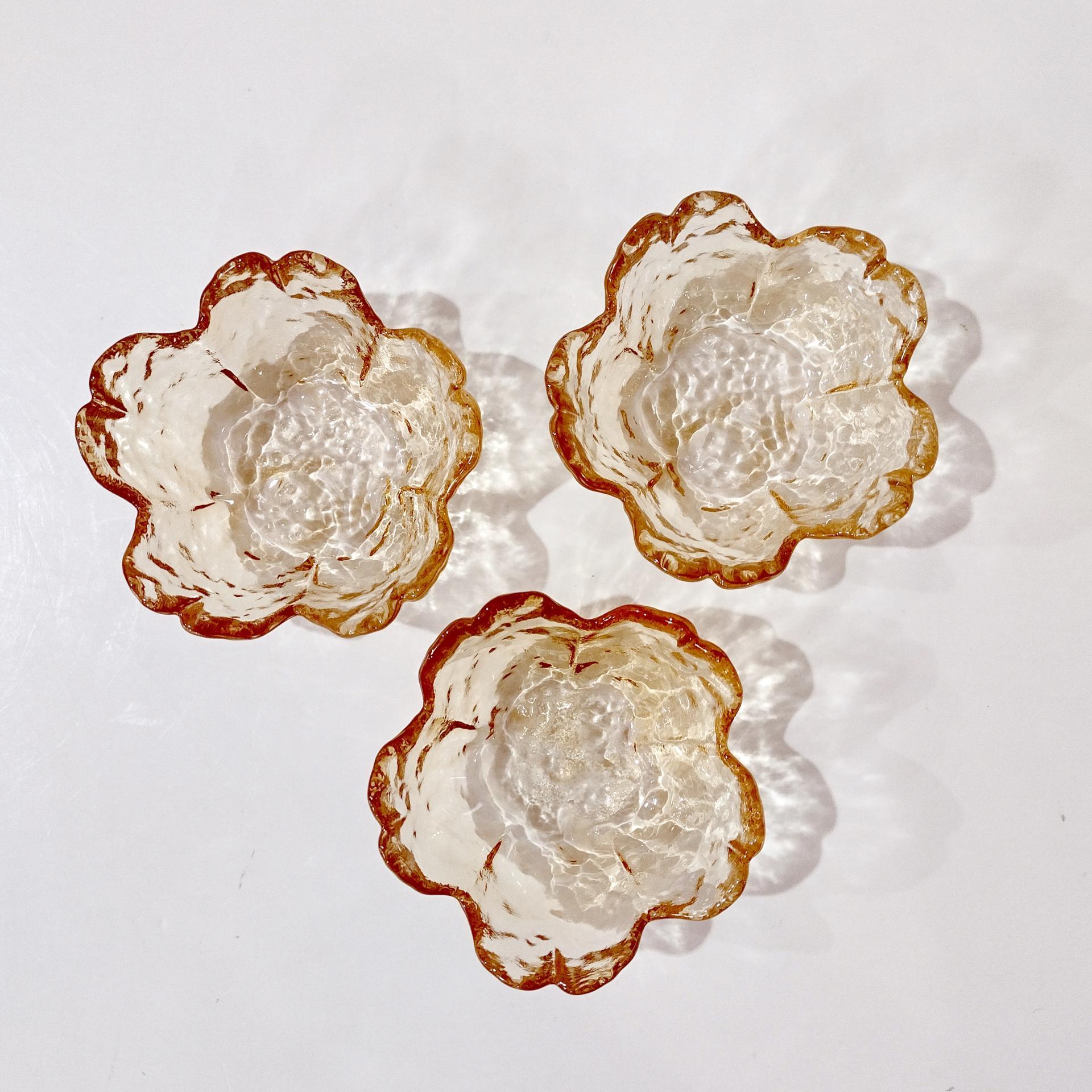 Vintage Amber Flower Petal Mini Sauce Glass Bowls, Set of Three, Small Food Preparation Bowls