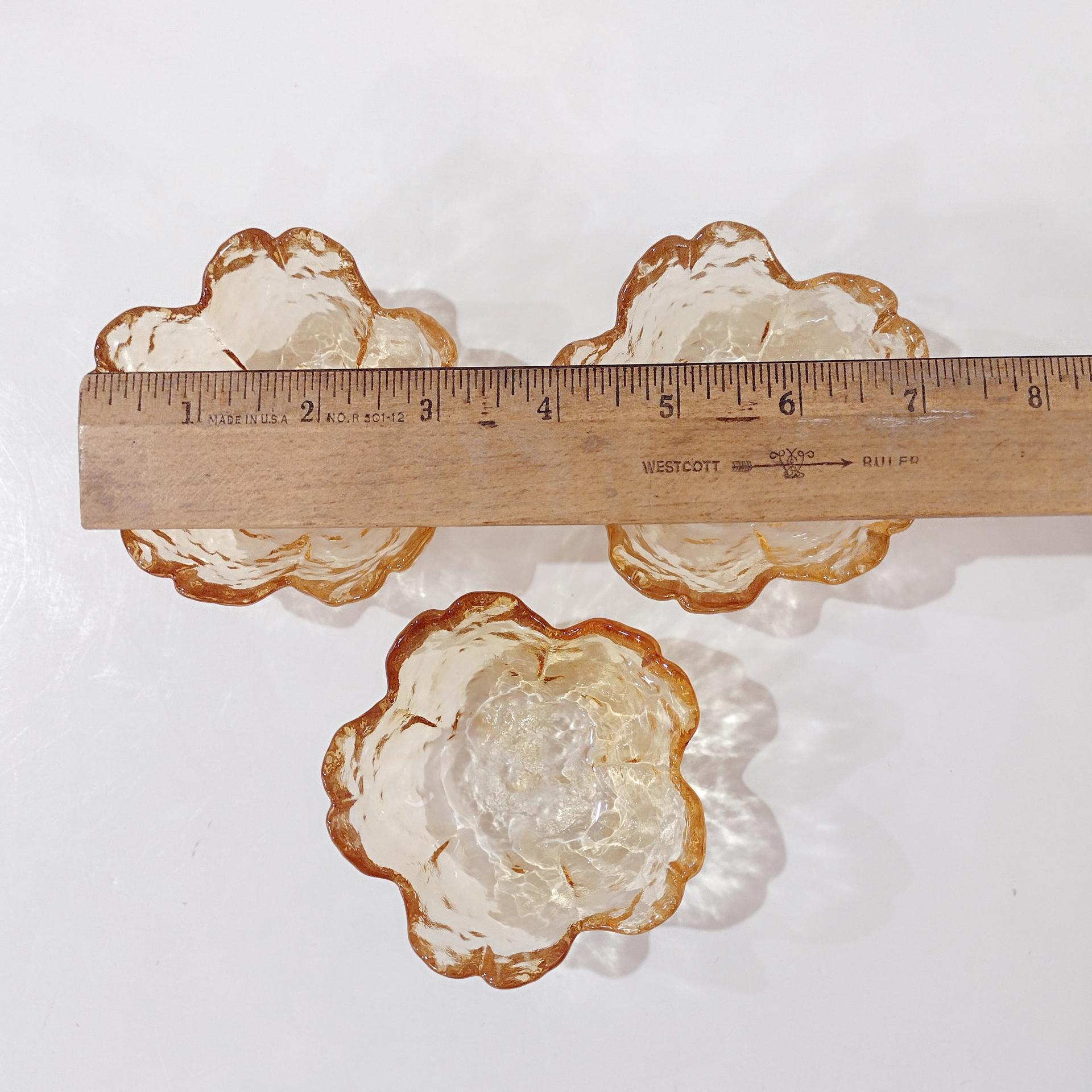 Vintage Amber Flower Petal Mini Sauce Glass Bowls, Set of Three, Small Food Preparation Bowls