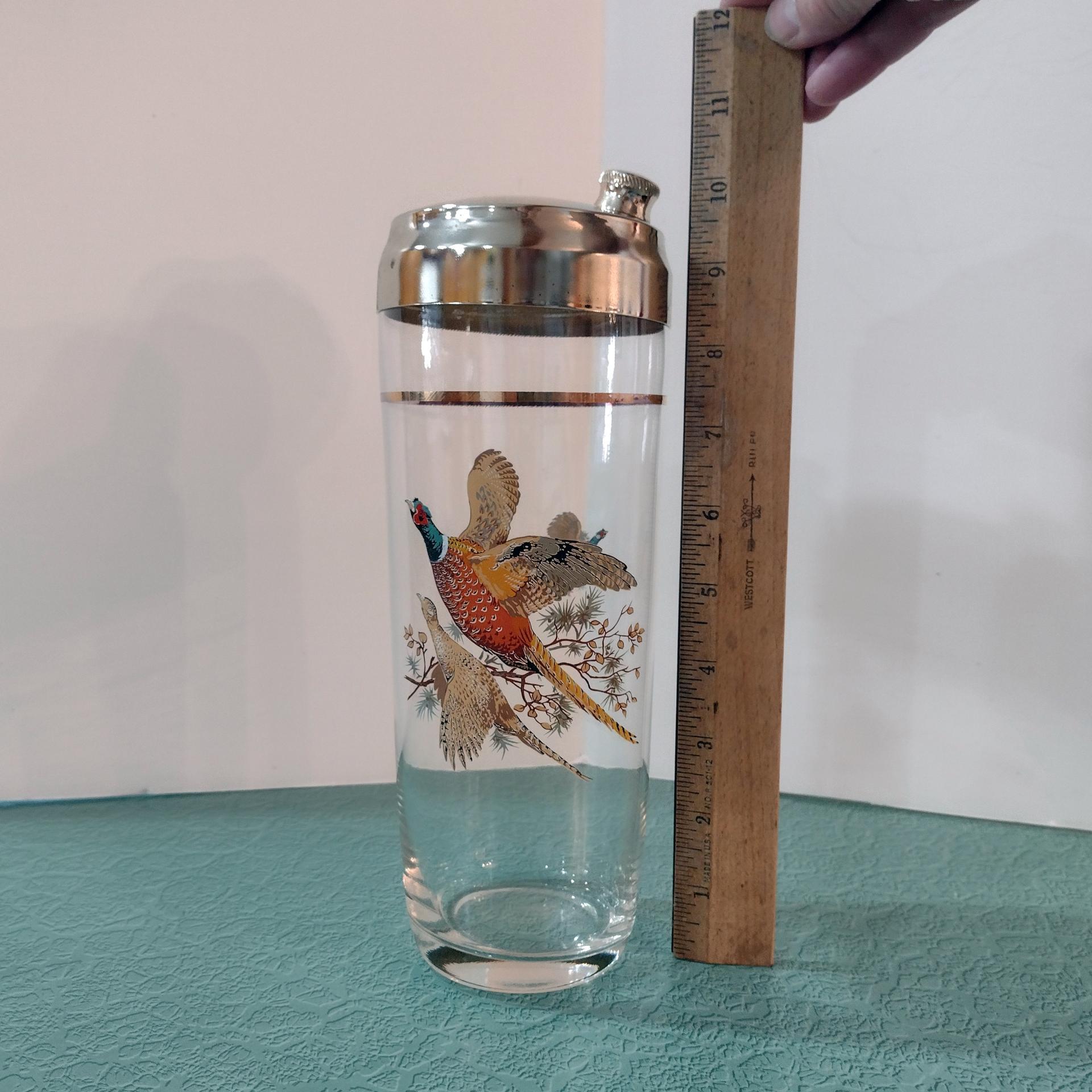 Vintage Cocktail Shaker and 6 Roly Poly Glasses Set, West Virginia Glass Specialty Pheasants in Flight Barware Set