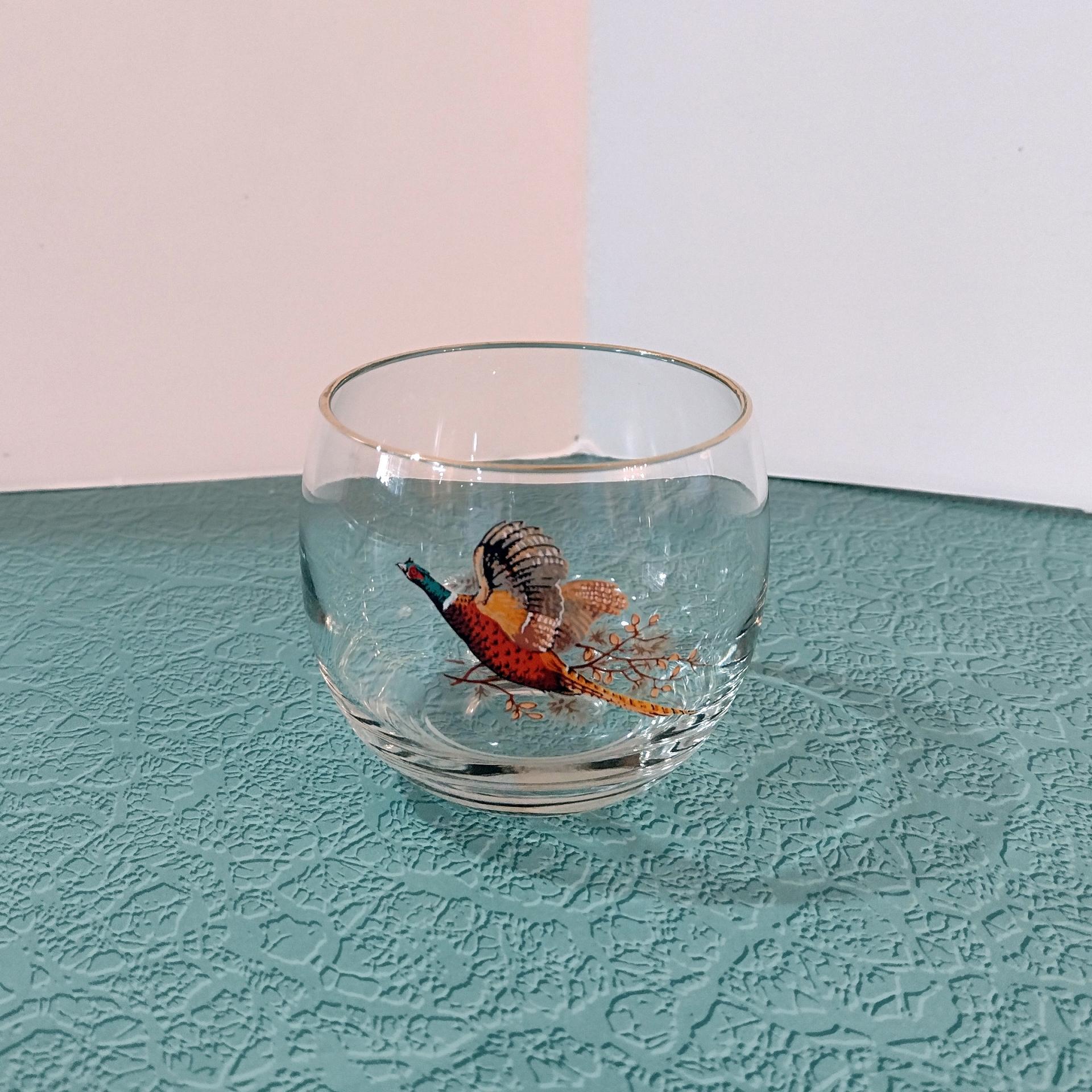 Vintage Cocktail Shaker and 6 Roly Poly Glasses Set, West Virginia Glass Specialty Pheasants in Flight Barware Set