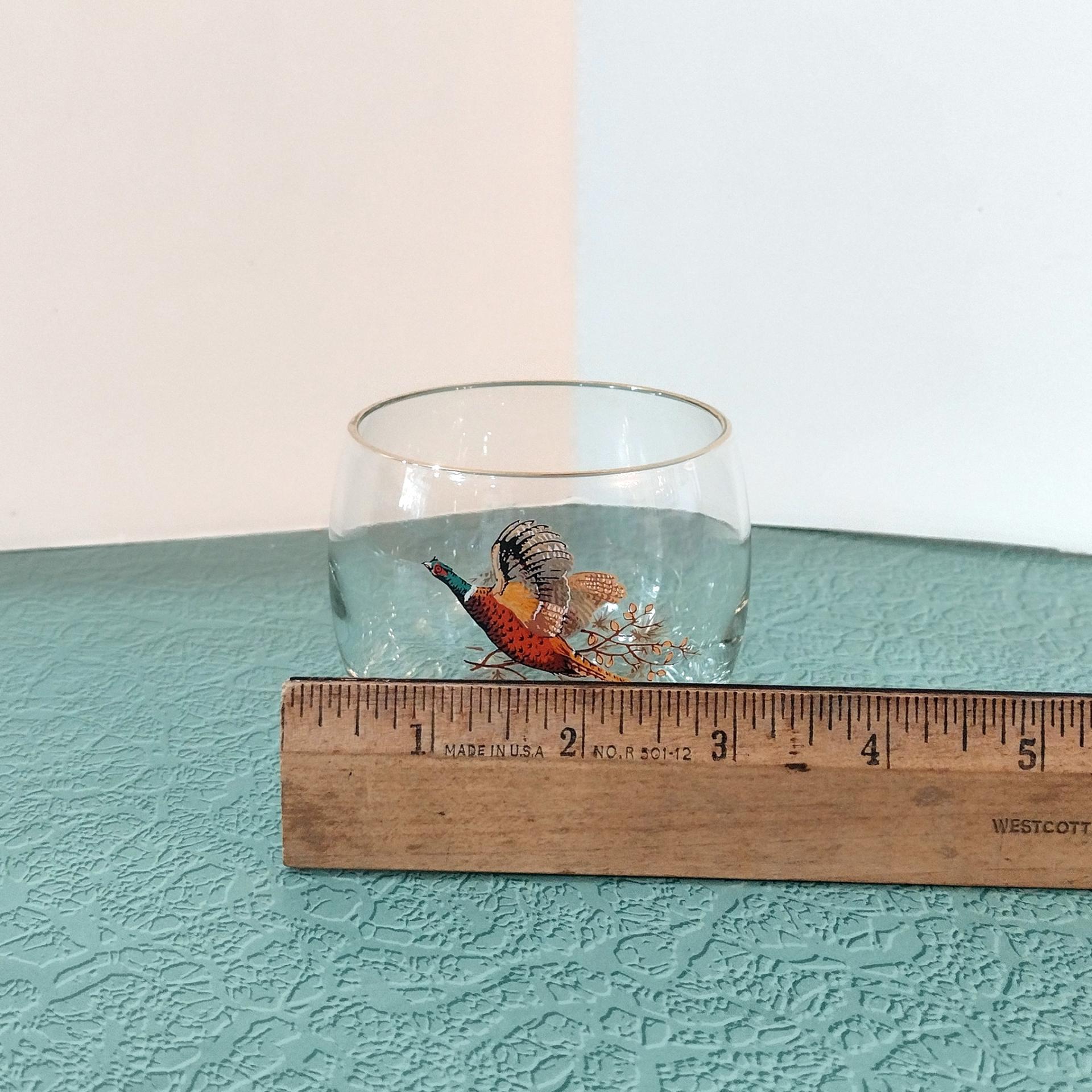 Vintage Cocktail Shaker and 6 Roly Poly Glasses Set, West Virginia Glass Specialty Pheasants in Flight Barware Set