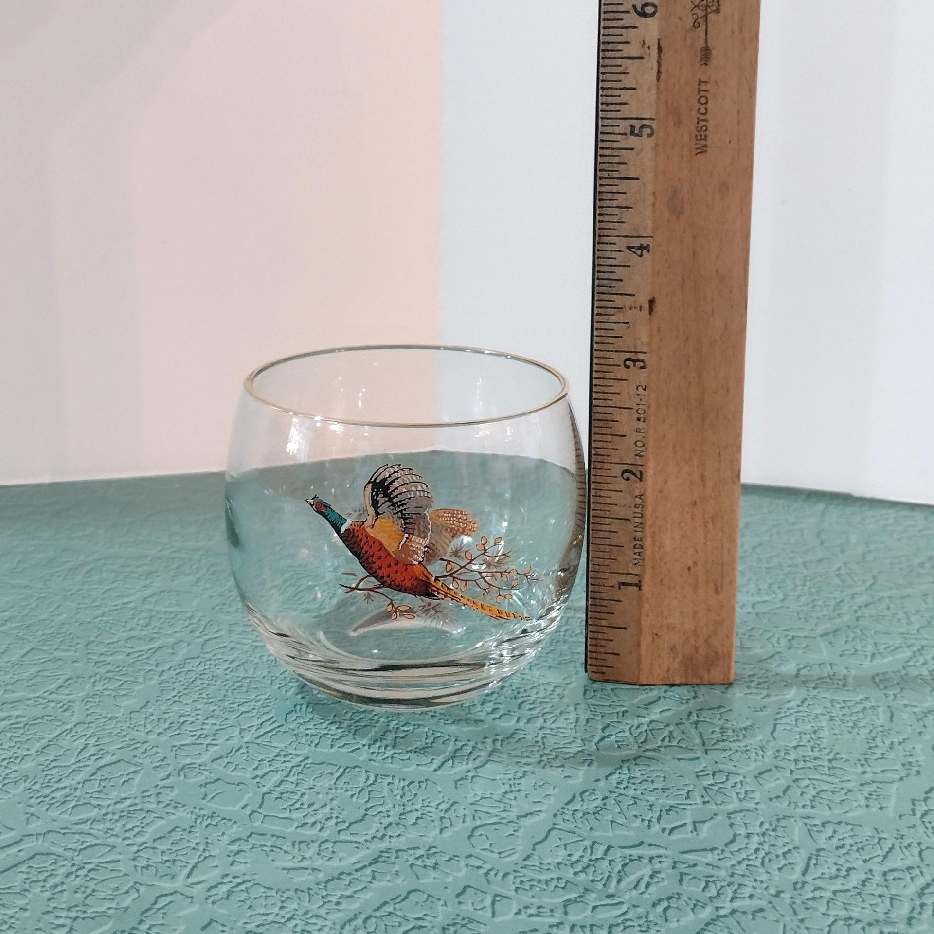 Vintage Cocktail Shaker and 6 Roly Poly Glasses Set, West Virginia Glass Specialty Pheasants in Flight Barware Set