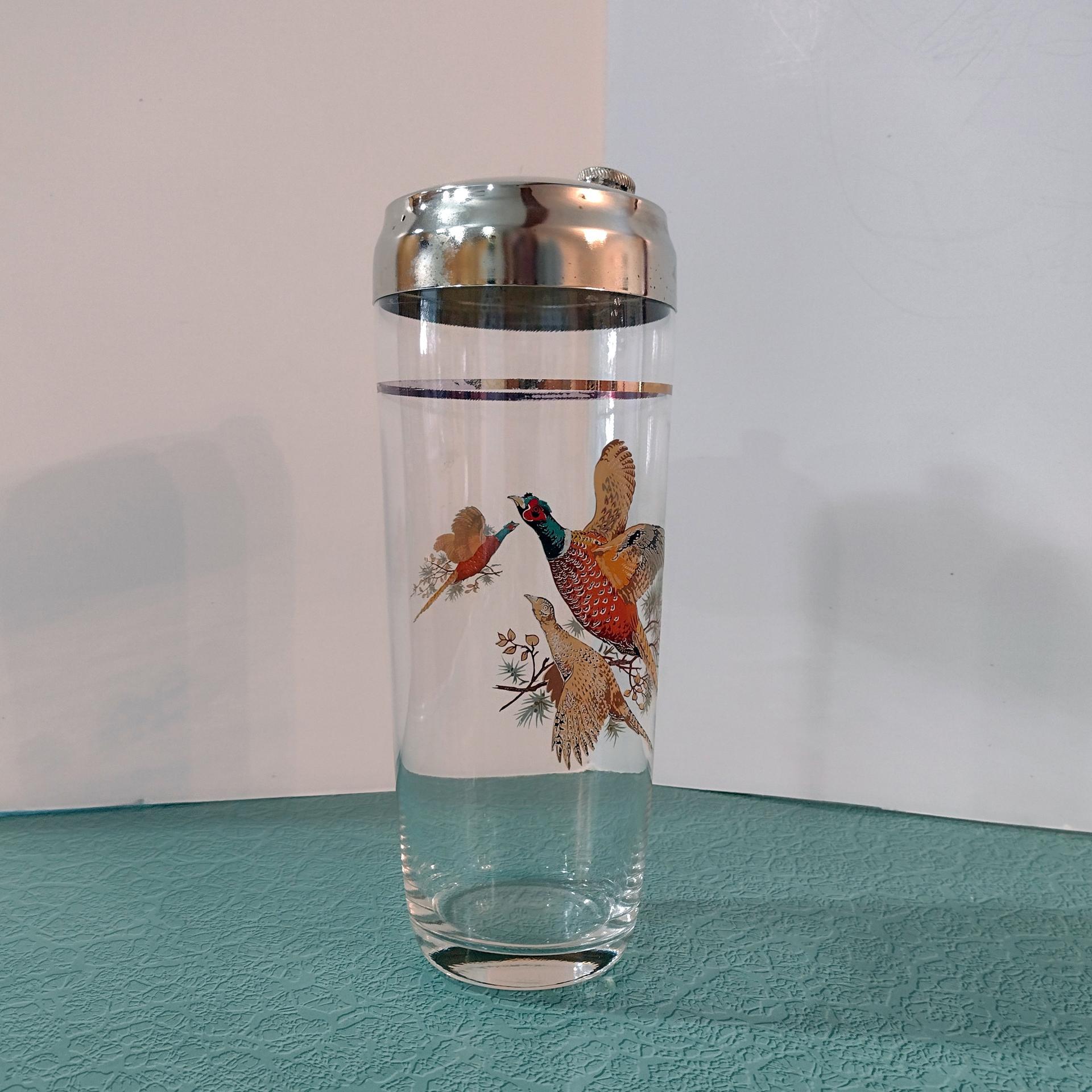 Vintage Cocktail Shaker and 6 Roly Poly Glasses Set, West Virginia Glass Specialty Pheasants in Flight Barware Set