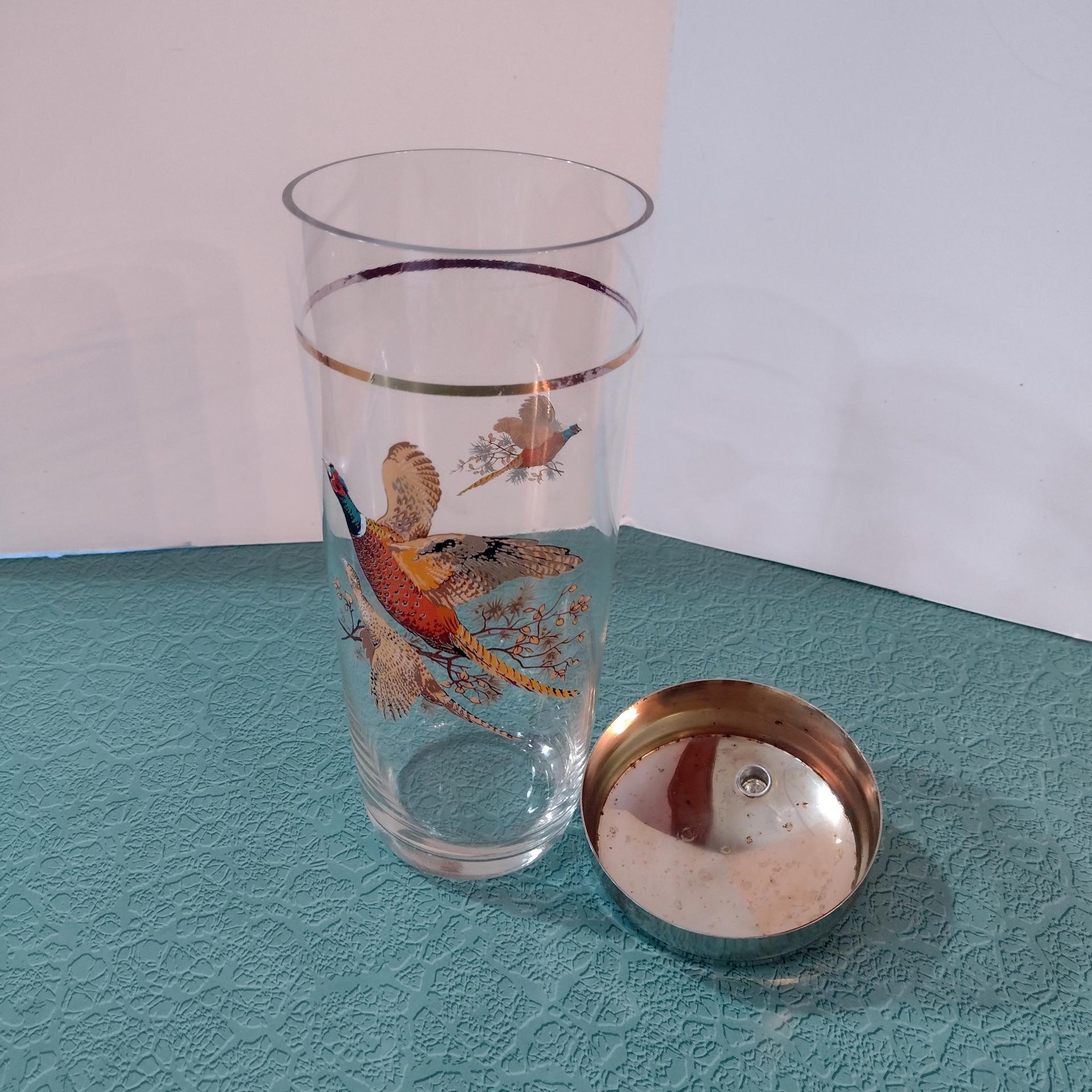 Vintage Cocktail Shaker and 6 Roly Poly Glasses Set, West Virginia Glass Specialty Pheasants in Flight Barware Set
